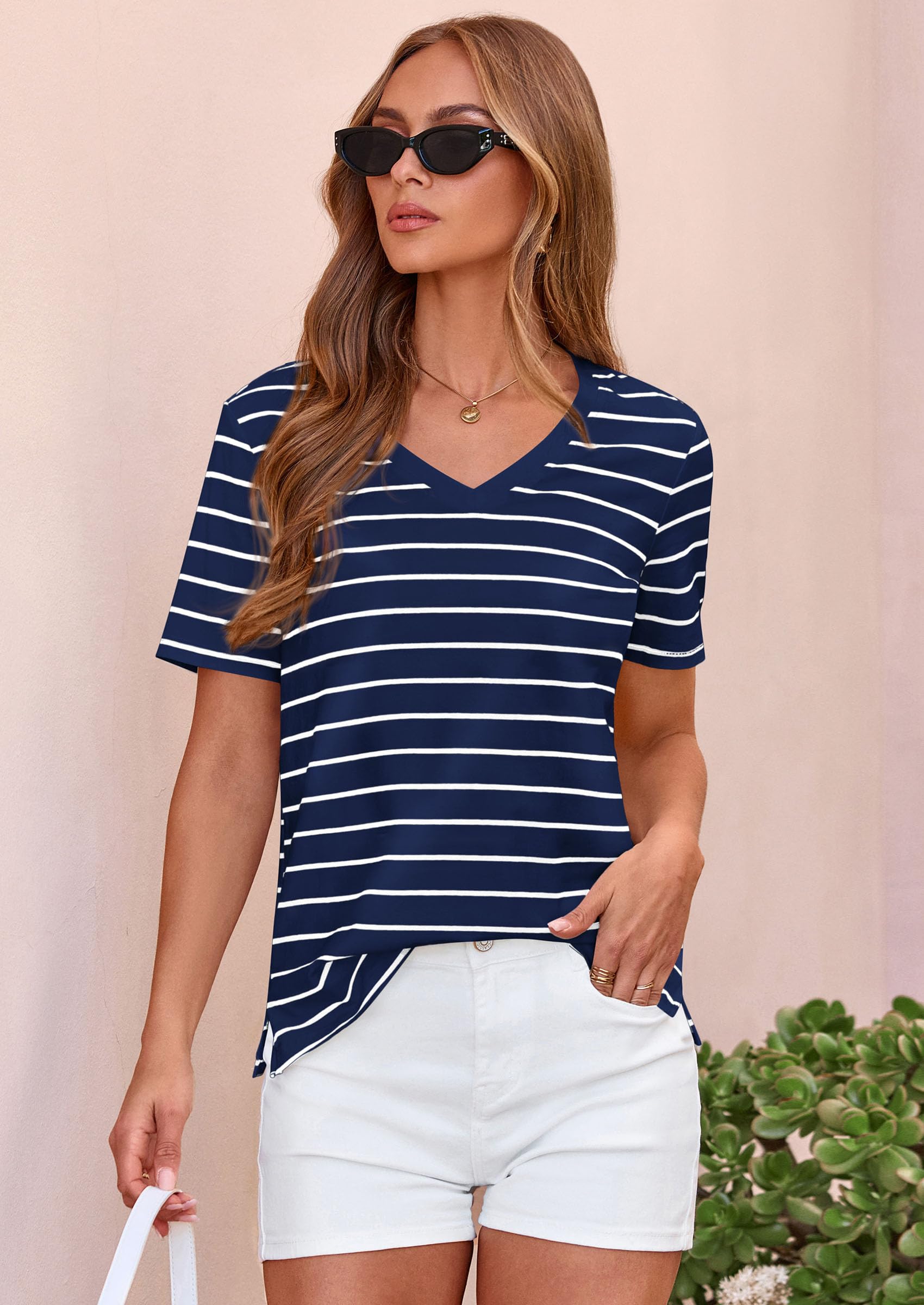 Striped Short Sleeve Womens Tops,Striped Grey Blue White,S