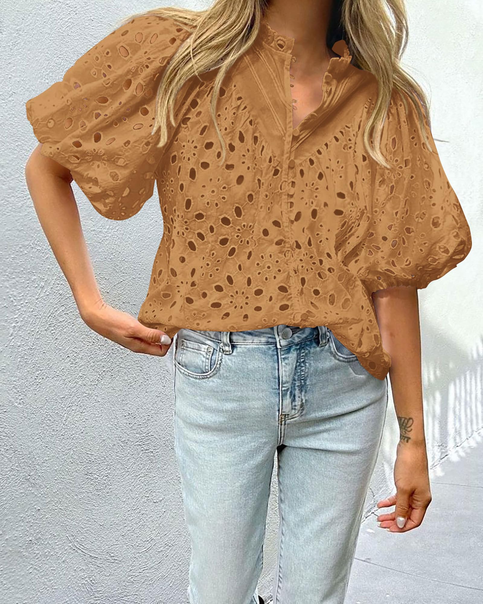 Womens Tops Boho Eyelet Puff Sleeve Blouse, Khaki,S