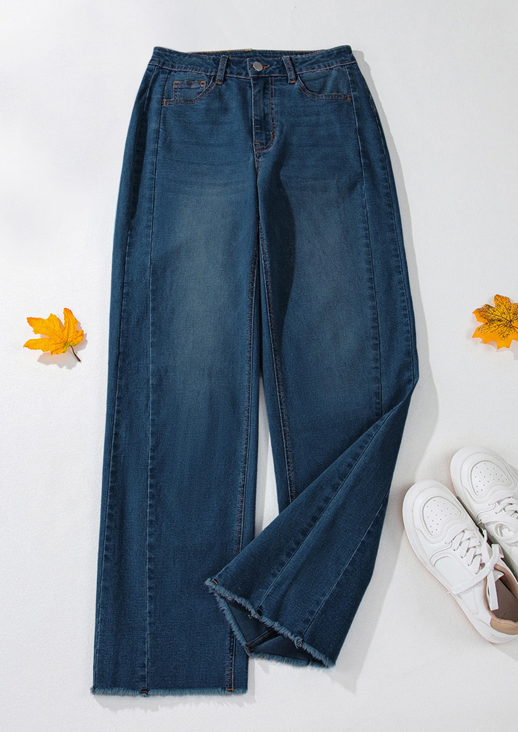Women's Wide Leg Jeans Raw Hem Denim Pants,Vintage Blue,4