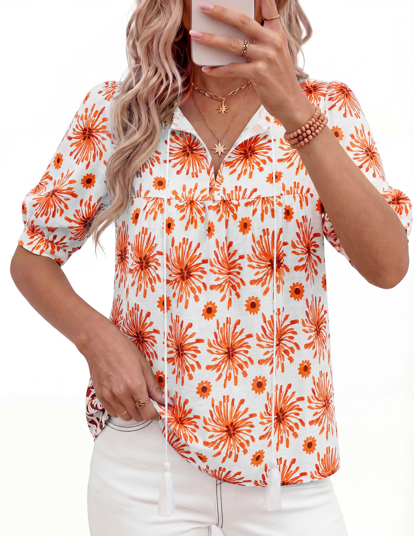 Womens Summer Boho Blouses Dressy Casual Floral White Orange,S