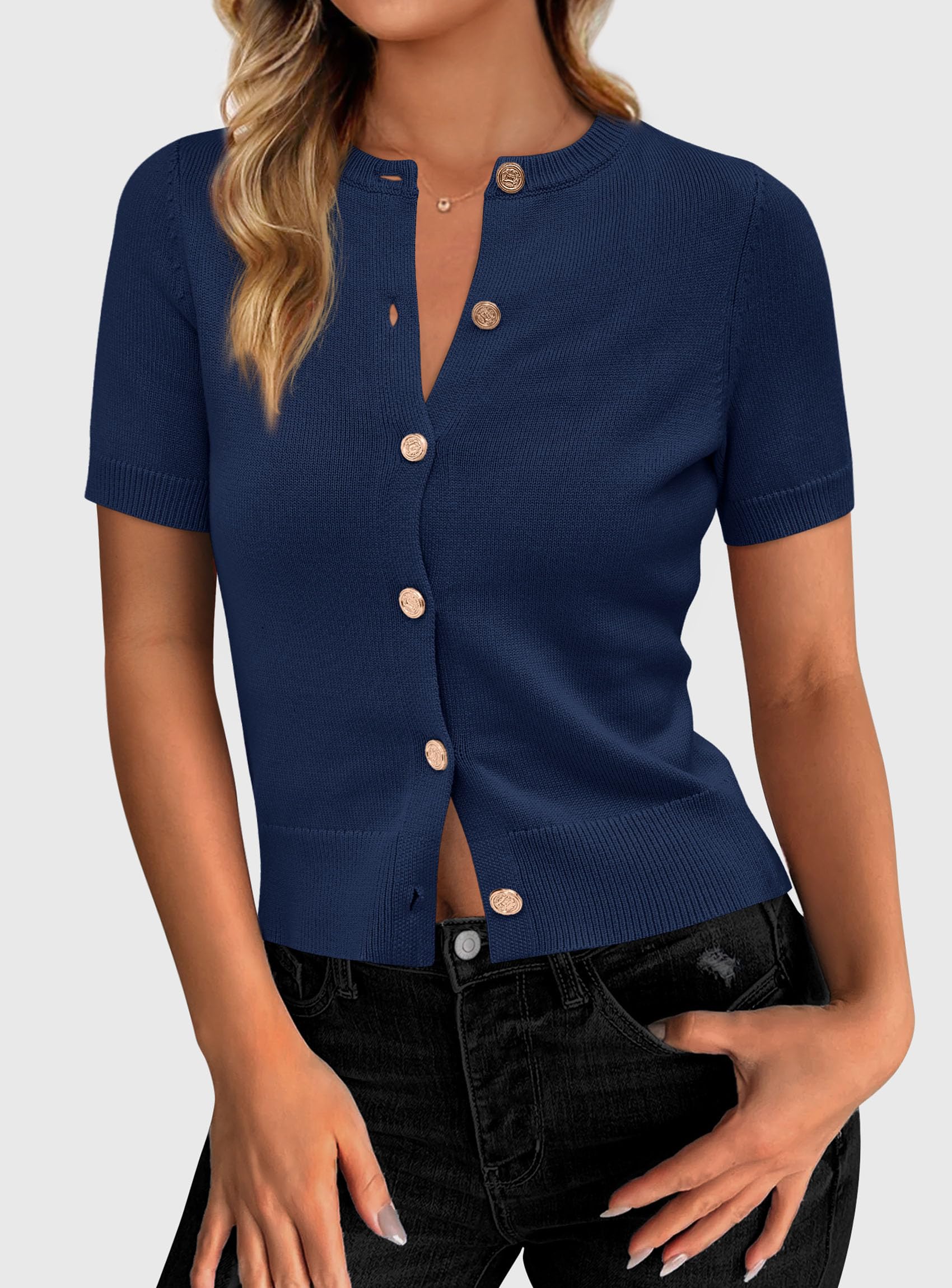 Womens Summer Cardigan Short Sleeve Sweater,Navy Blue,S