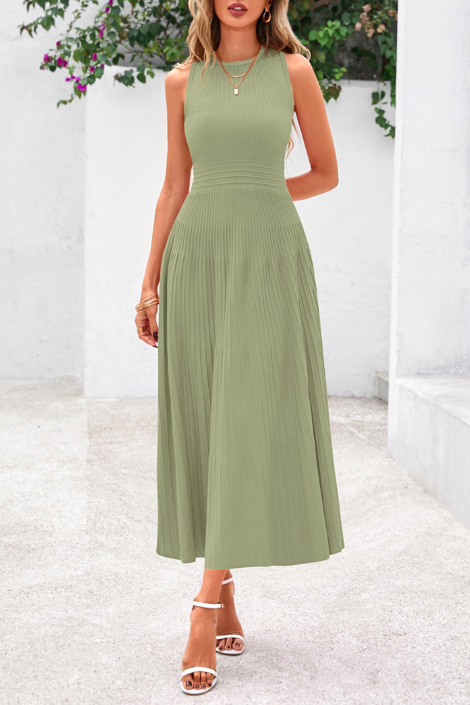 Women's Summer Pleated Midi Work Dress,Mist Green,S