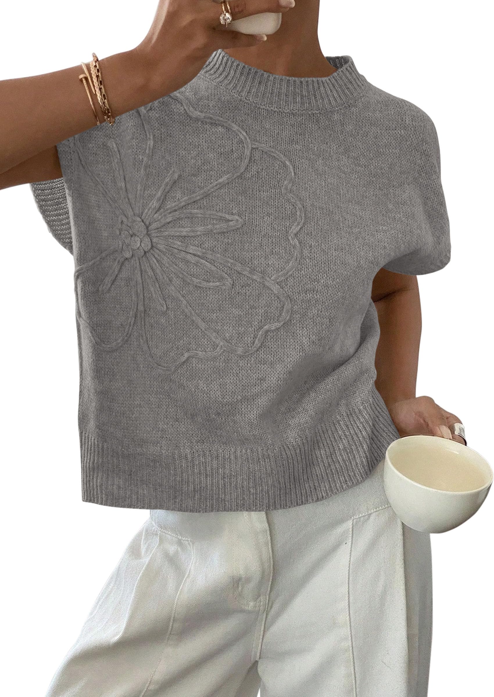 Women's Summer Short Cap Sleeve Sweater Vest (Grey,S)