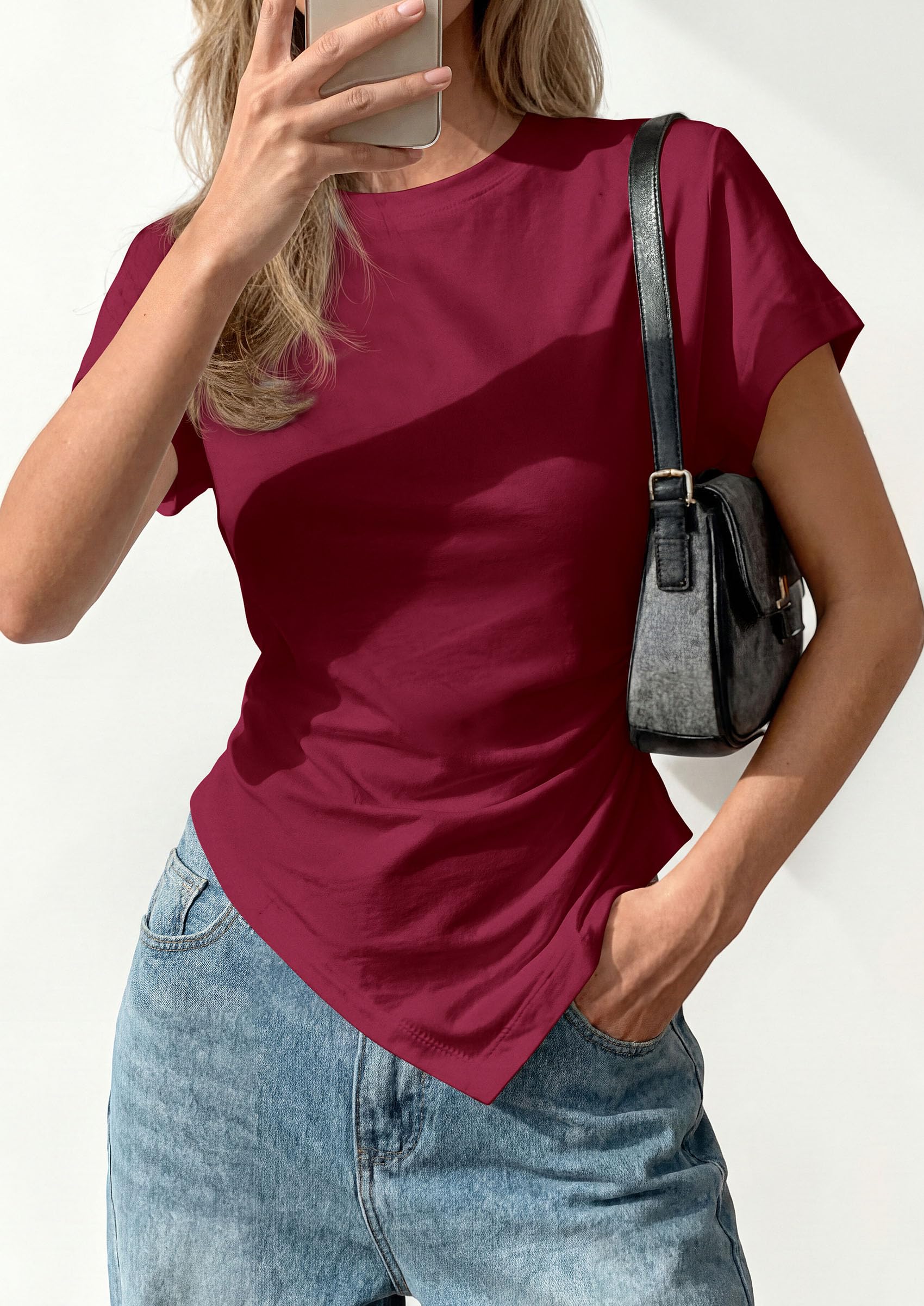 Womens Asymmetrical Summer Short Sleeve Tops,Wine Red,XS
