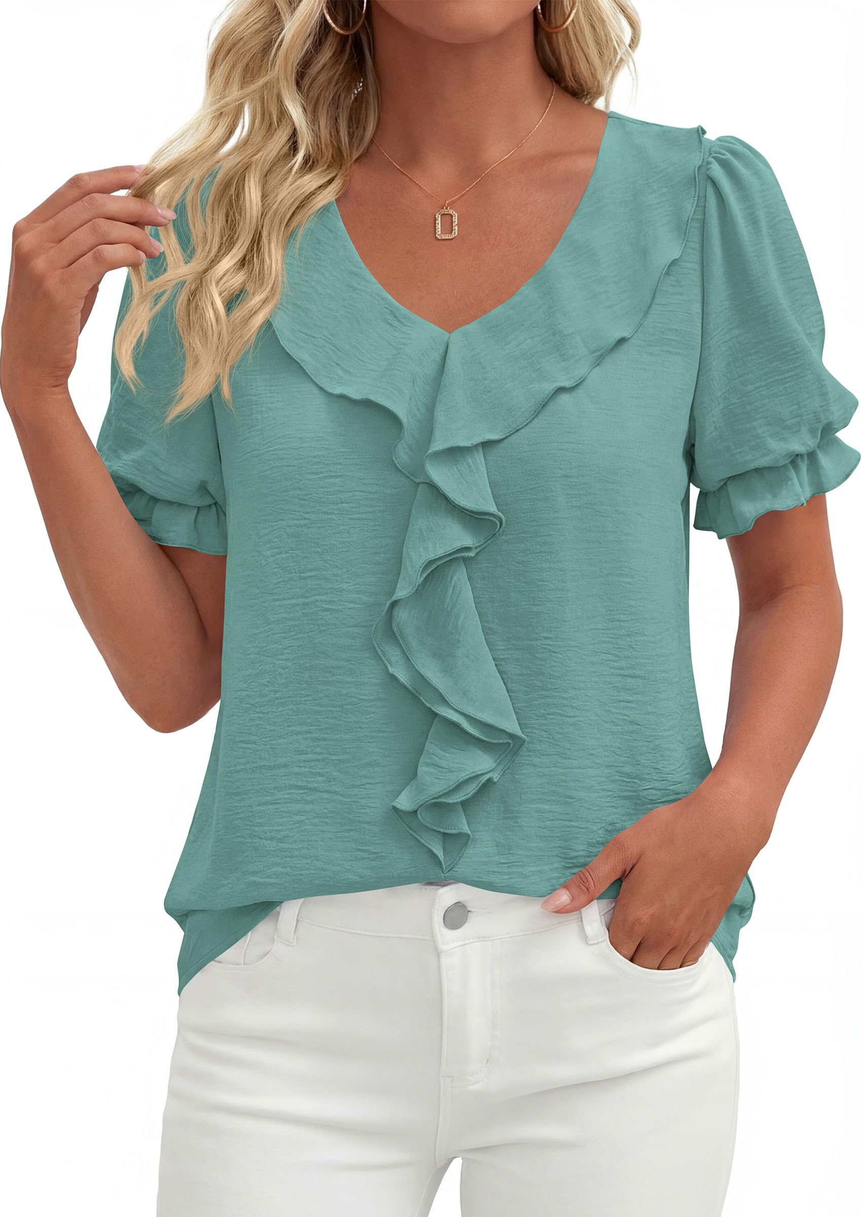 Women's Summer Ruffle Dressy Casual Blouses (Blue Green,S)