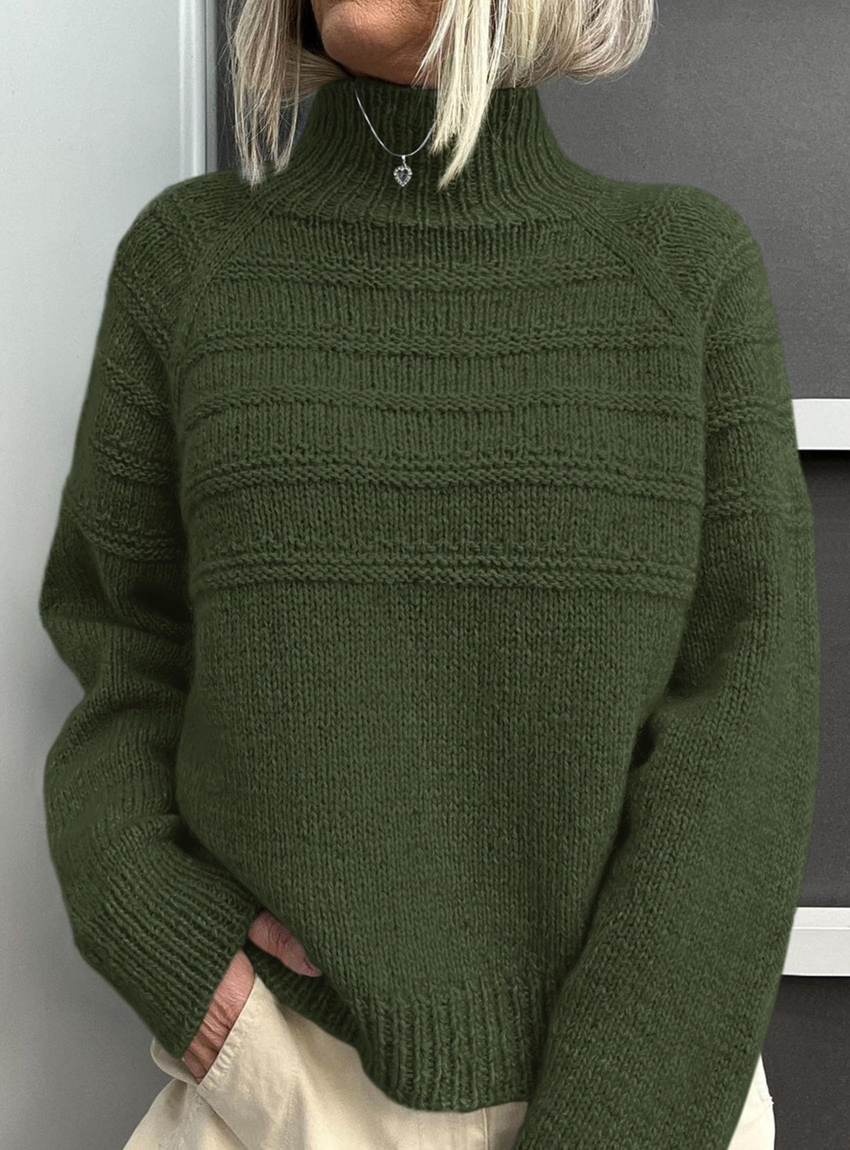 Women's Chunky Knit Mock Neck Pullover Sweaters,Army Green,S