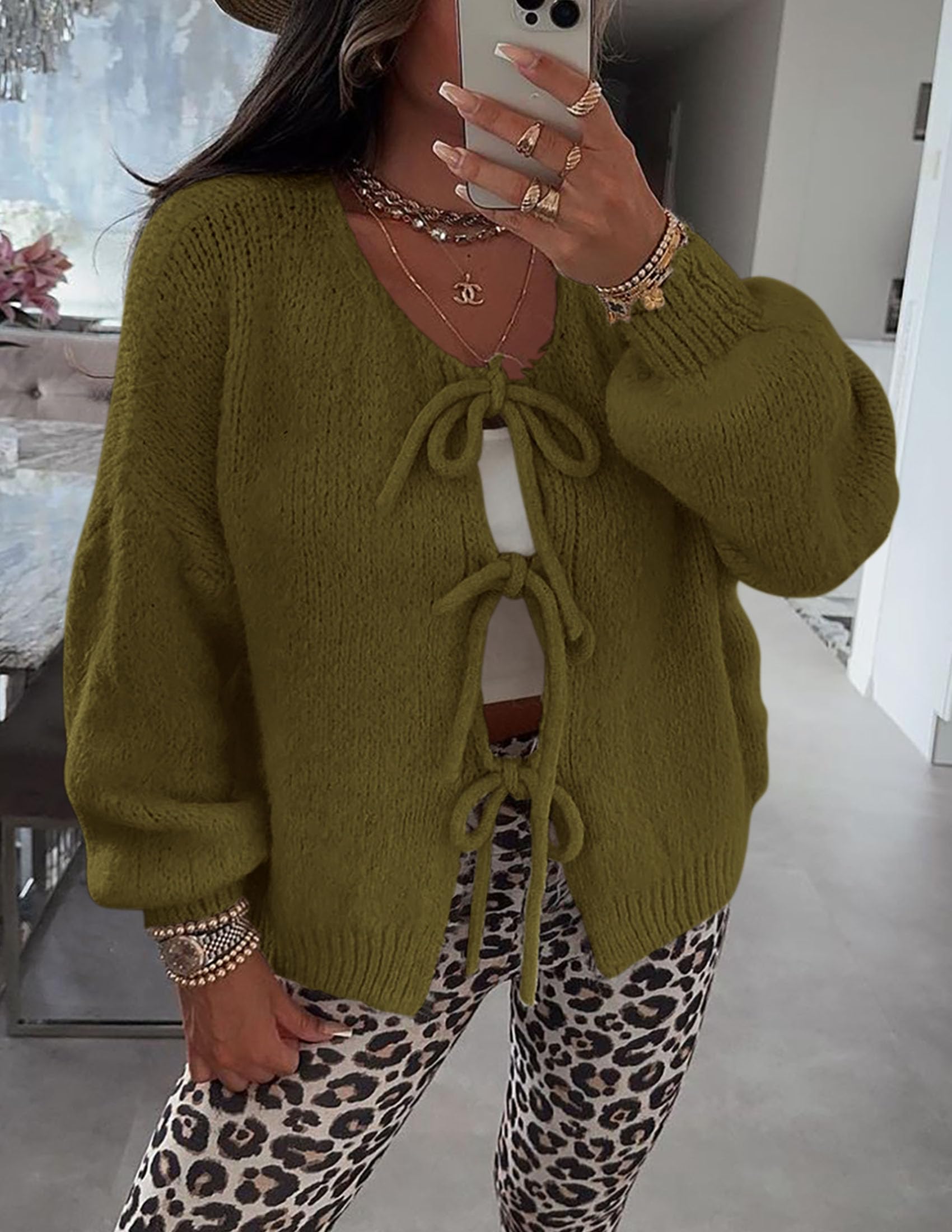 Women's Tie Front Bow Cardigan Sweaters(Army Green,Small)