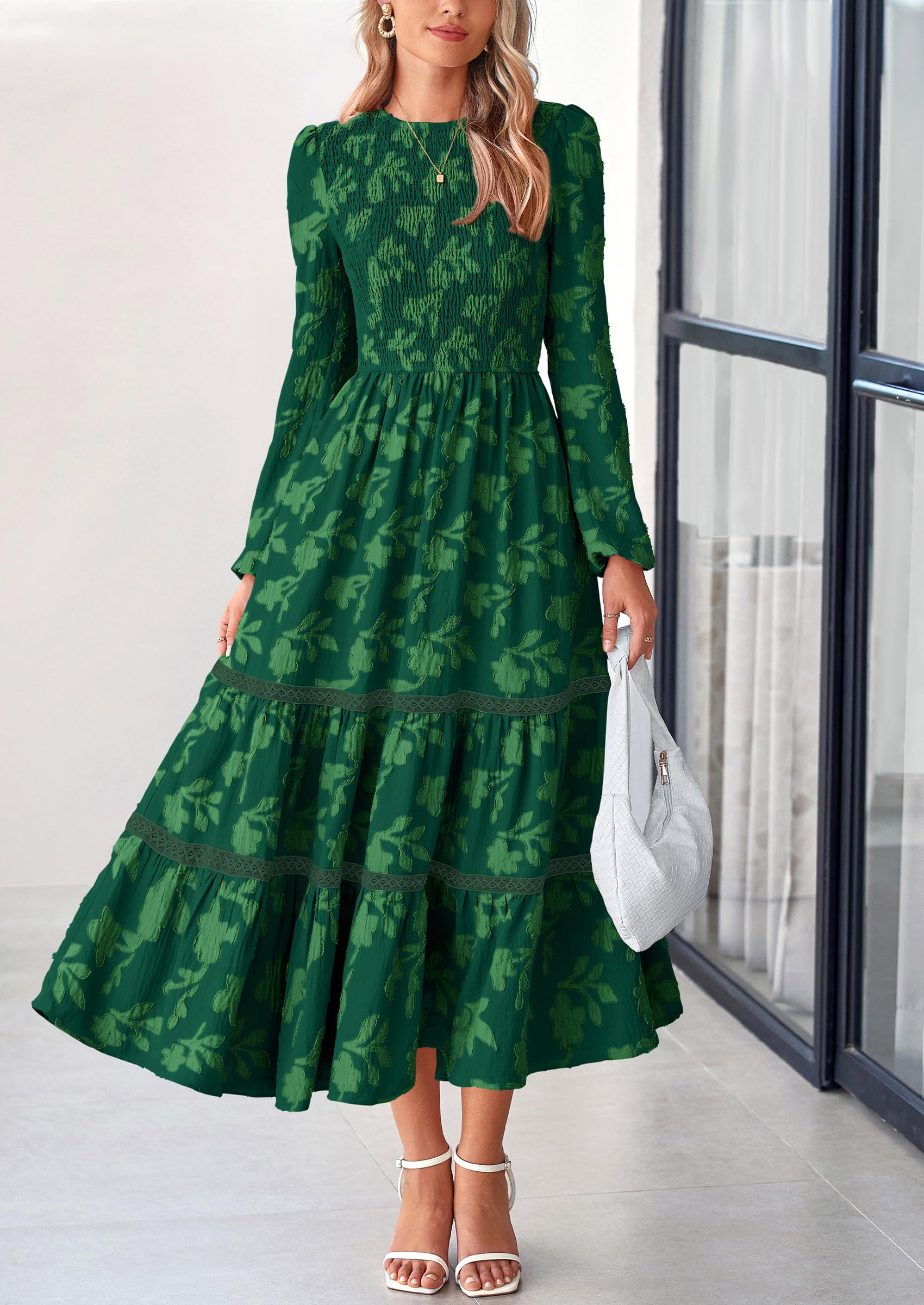 Women's Long Sleeve Boho Floral Midi Dress, Dark Green,S