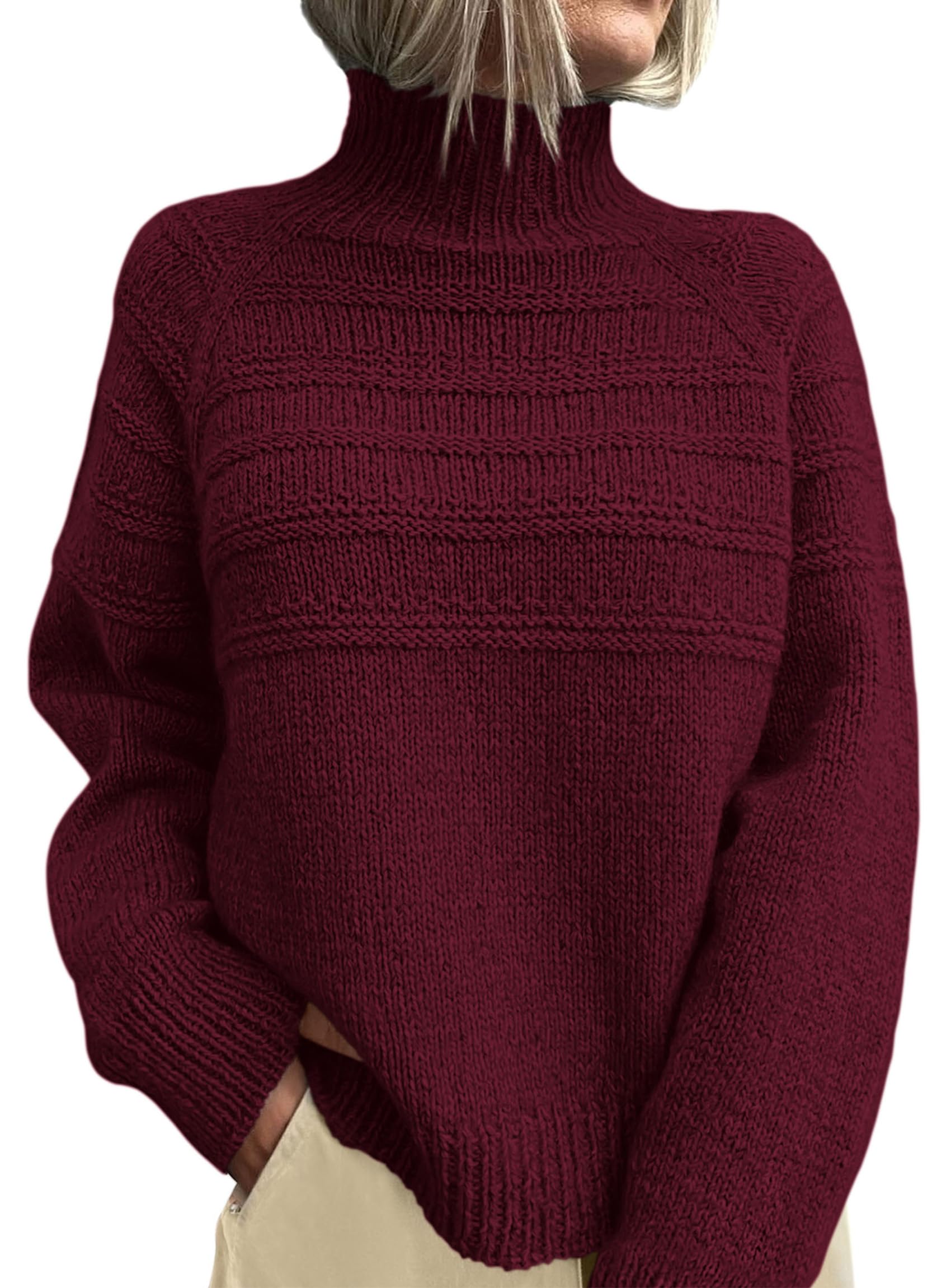 Women's Chunky Knit Mock Neck Pullover Sweaters,Burgundy,S
