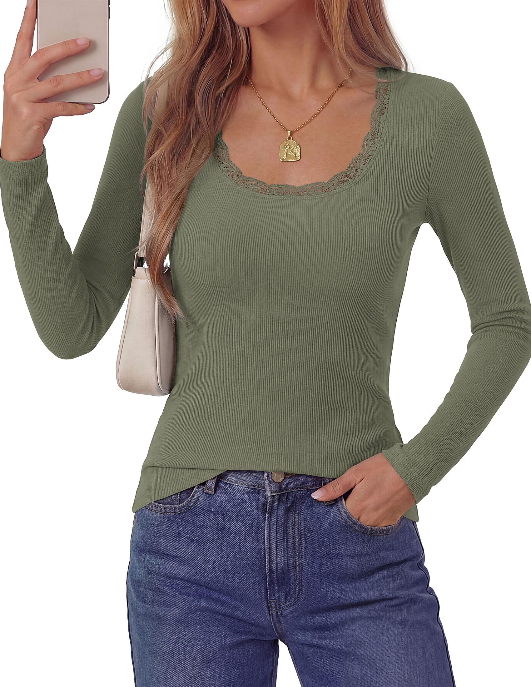 Long Sleeve T Shirts for Women Fall Casual Square Neck Tops