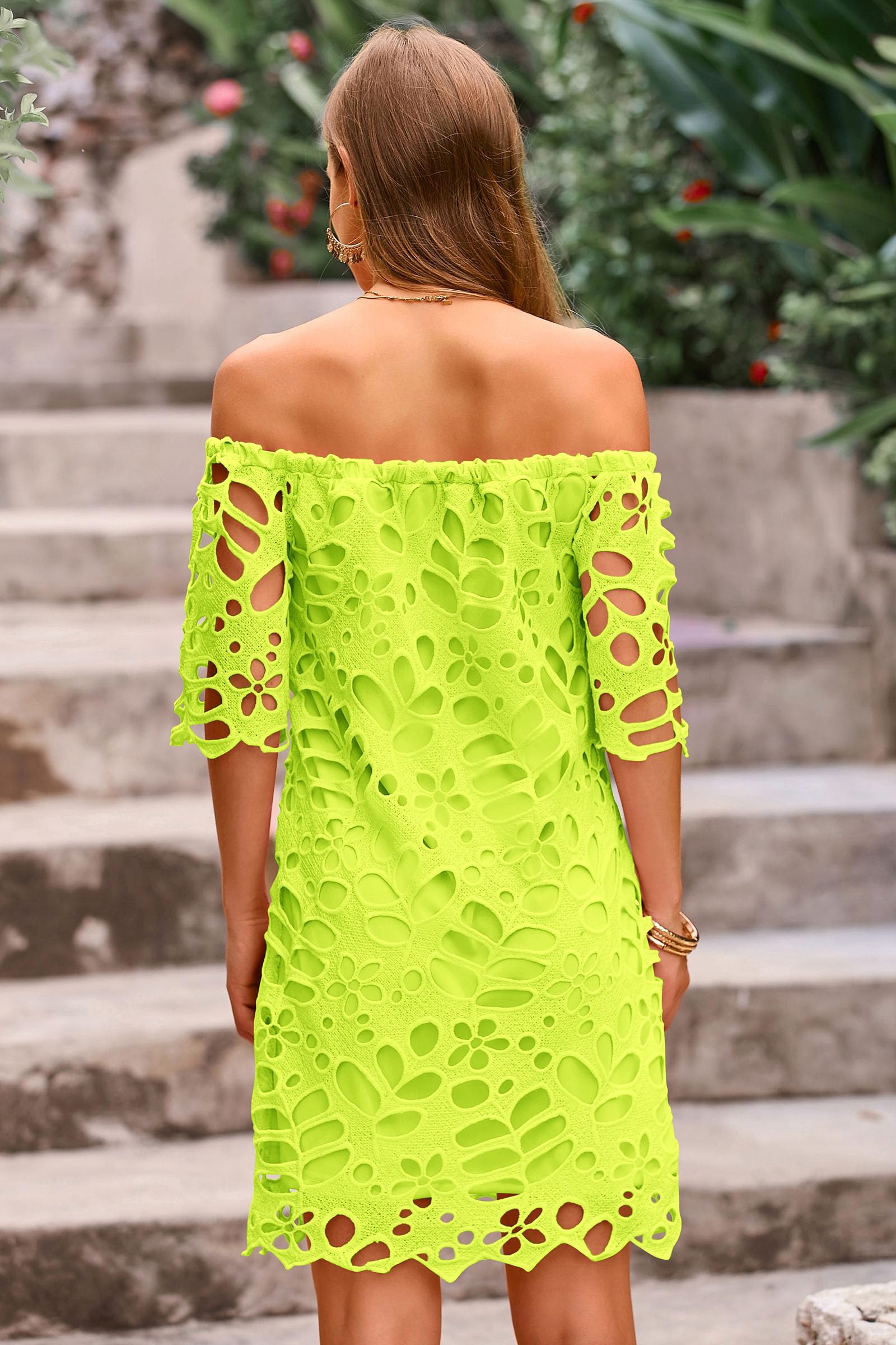 Women's Boho Off Shoulder Lace Mini Dress, Fluorescent Green,S