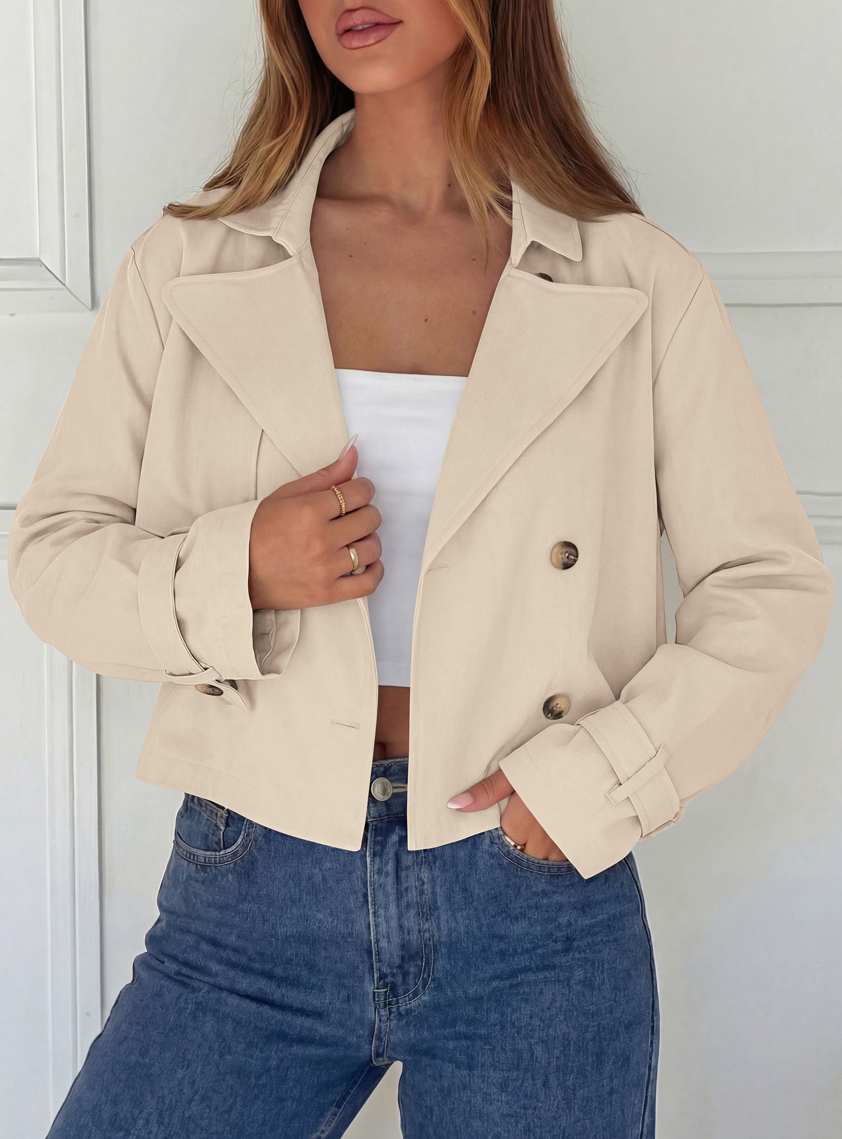 Cropped Trench Coat For Women Short Jacket,Beige,S