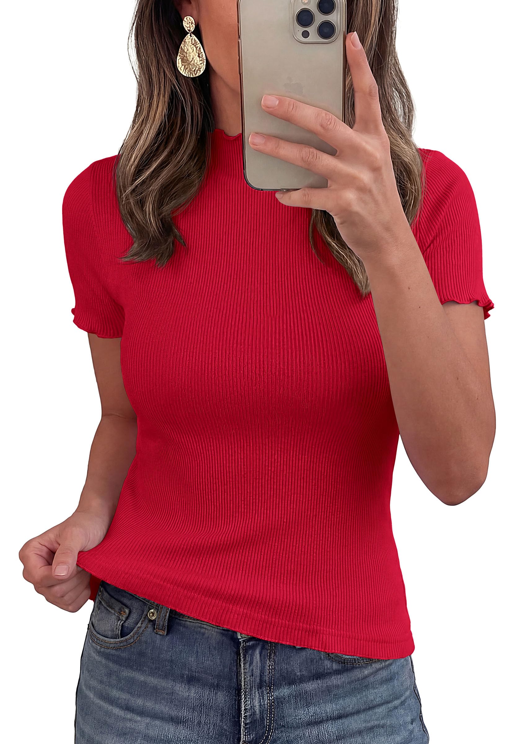 Women's Short Sleeve Ribbed Knit T Shirts, Red,XS