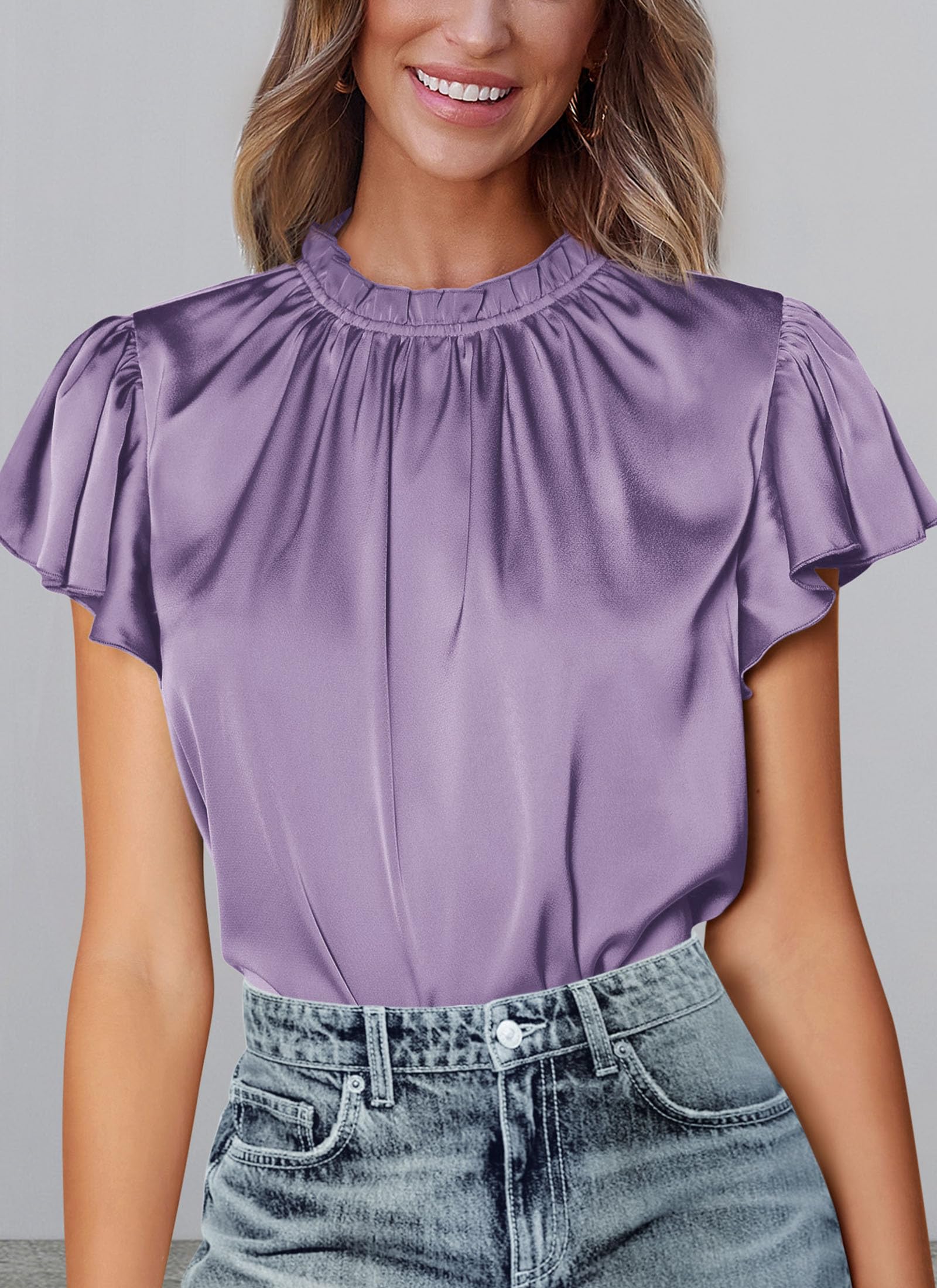 Women's Satin Tops Business Casual Work Blouses, Purple,S