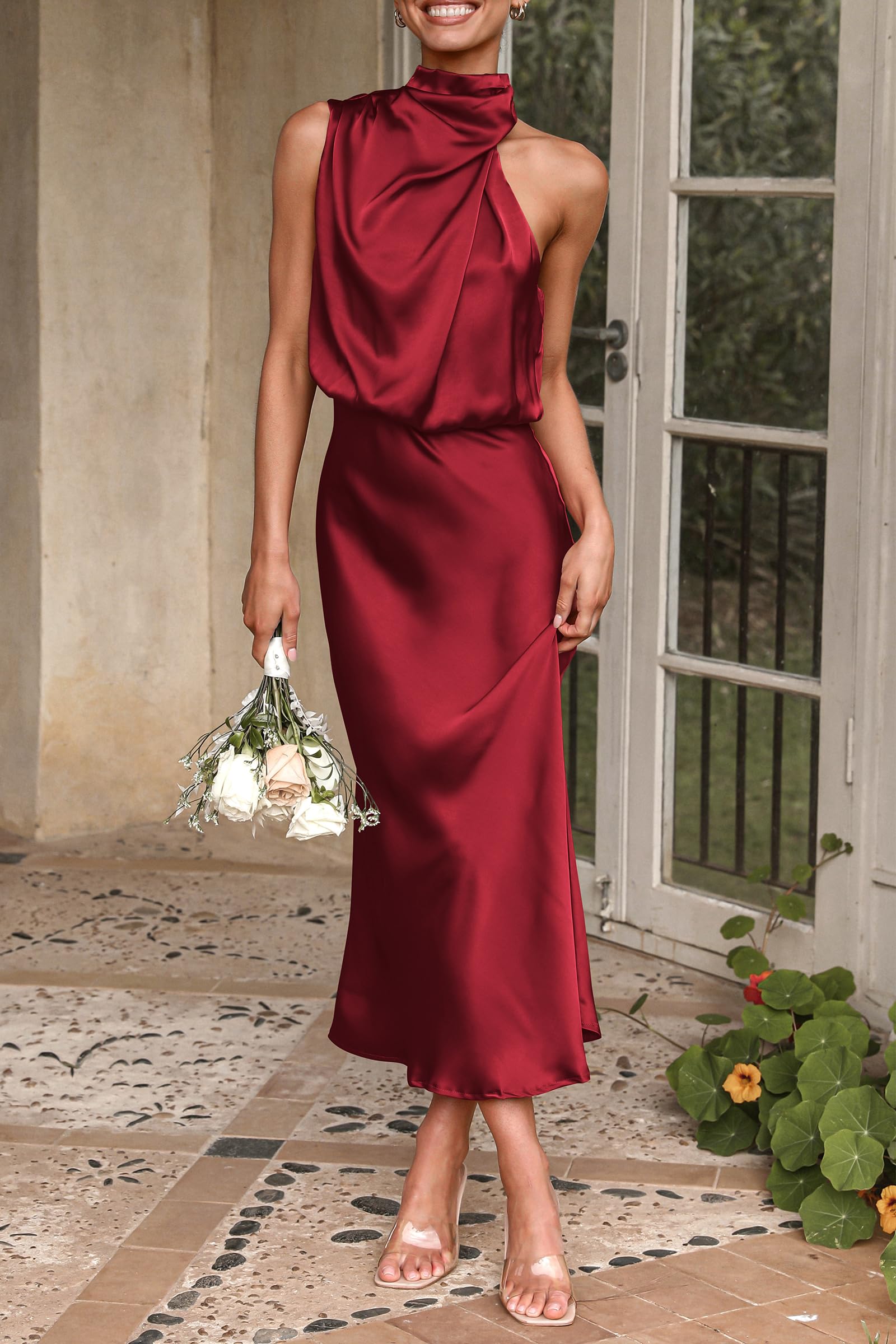 Women's Summer Satin Maxi Cocktail Dress Dark Wine Red