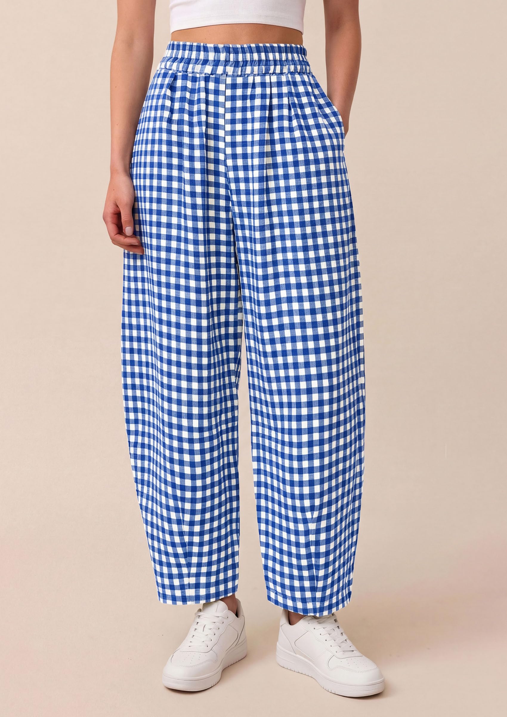Plaid Barrel Pants Women Summer Bottoms, Blue Plaid,S