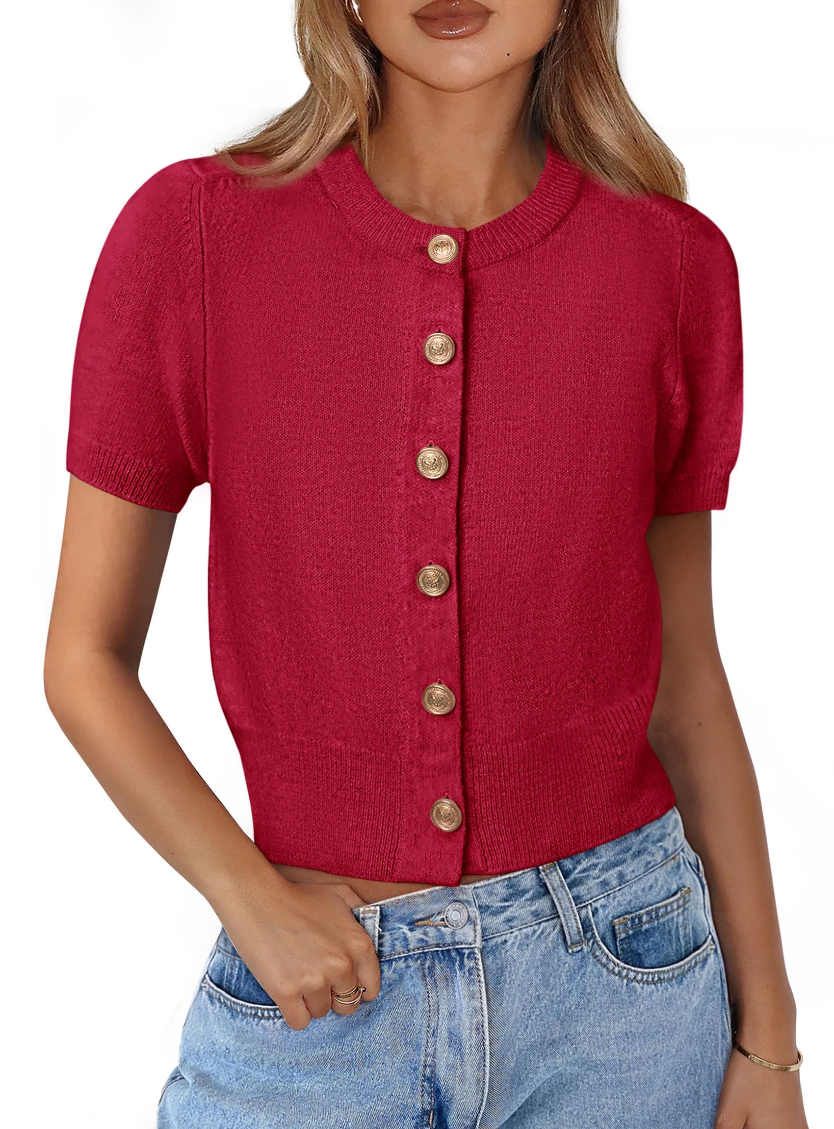 Womens Summer Cardigan Short Sleeve Sweater,Red,S