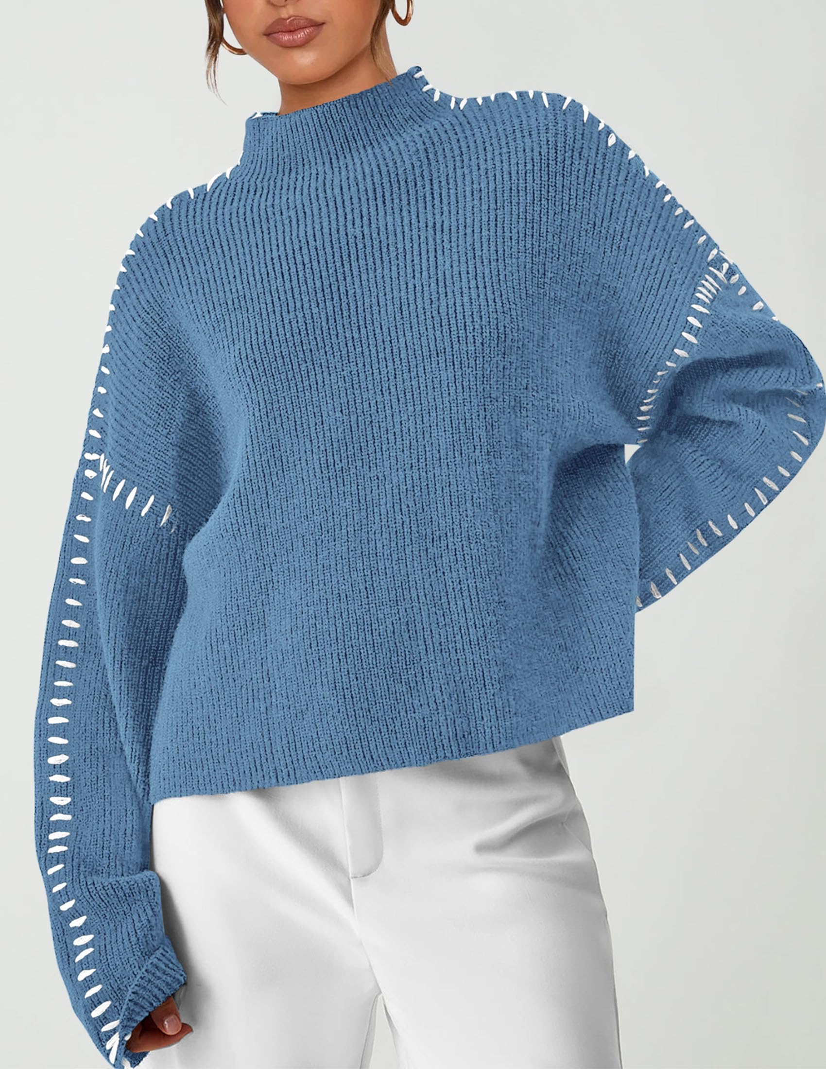Womens Chunky Knit Oversized Pullover Sweaters,Blue,S