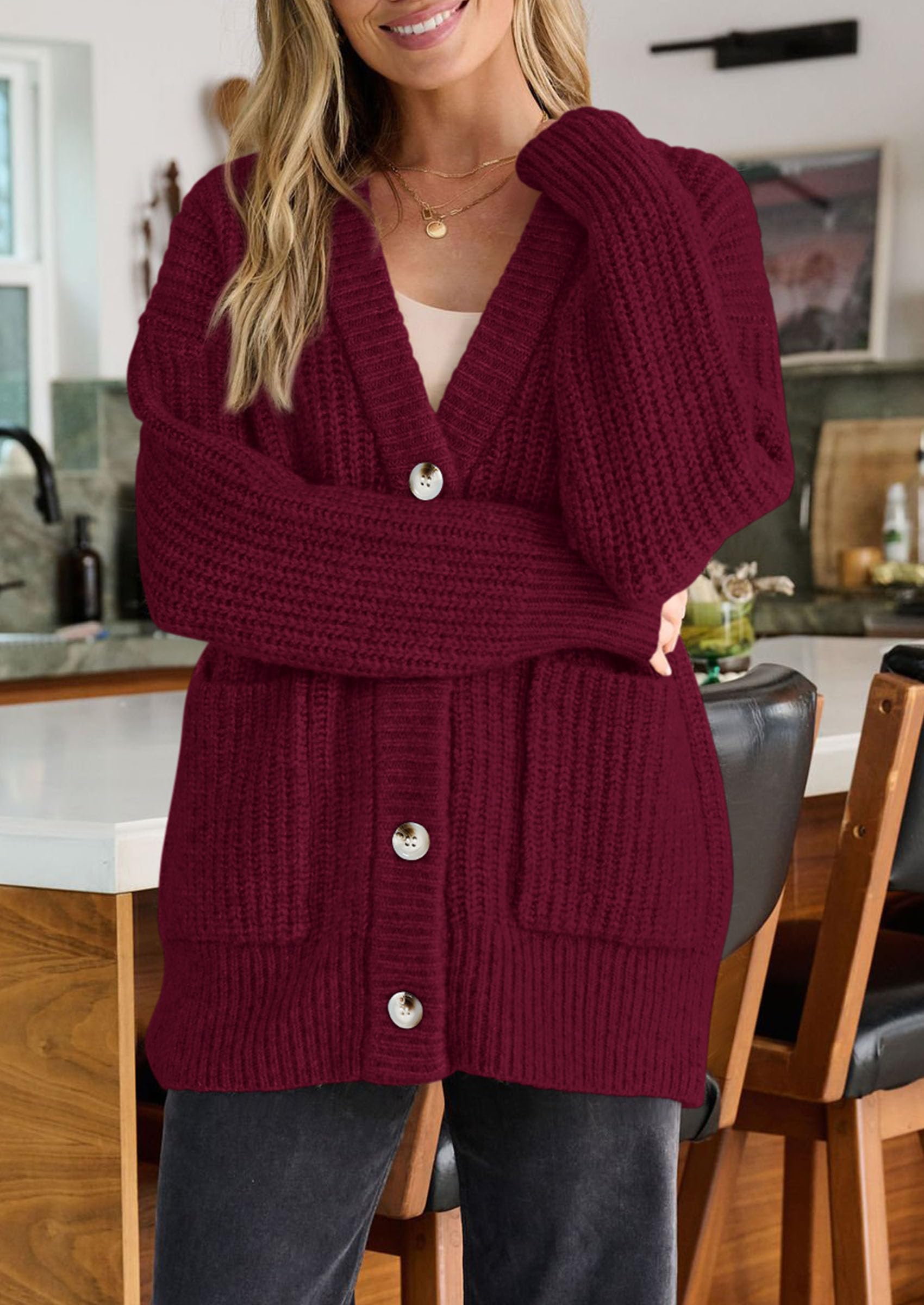 Oversized Cardigan Sweaters for Women Button Up,Burgundy,S
