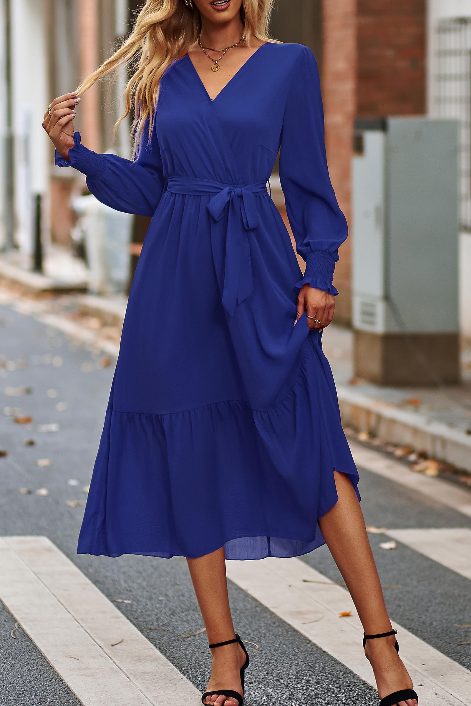 Women's Boho Long Sleeve Maxi Dress, Solid Blue,S