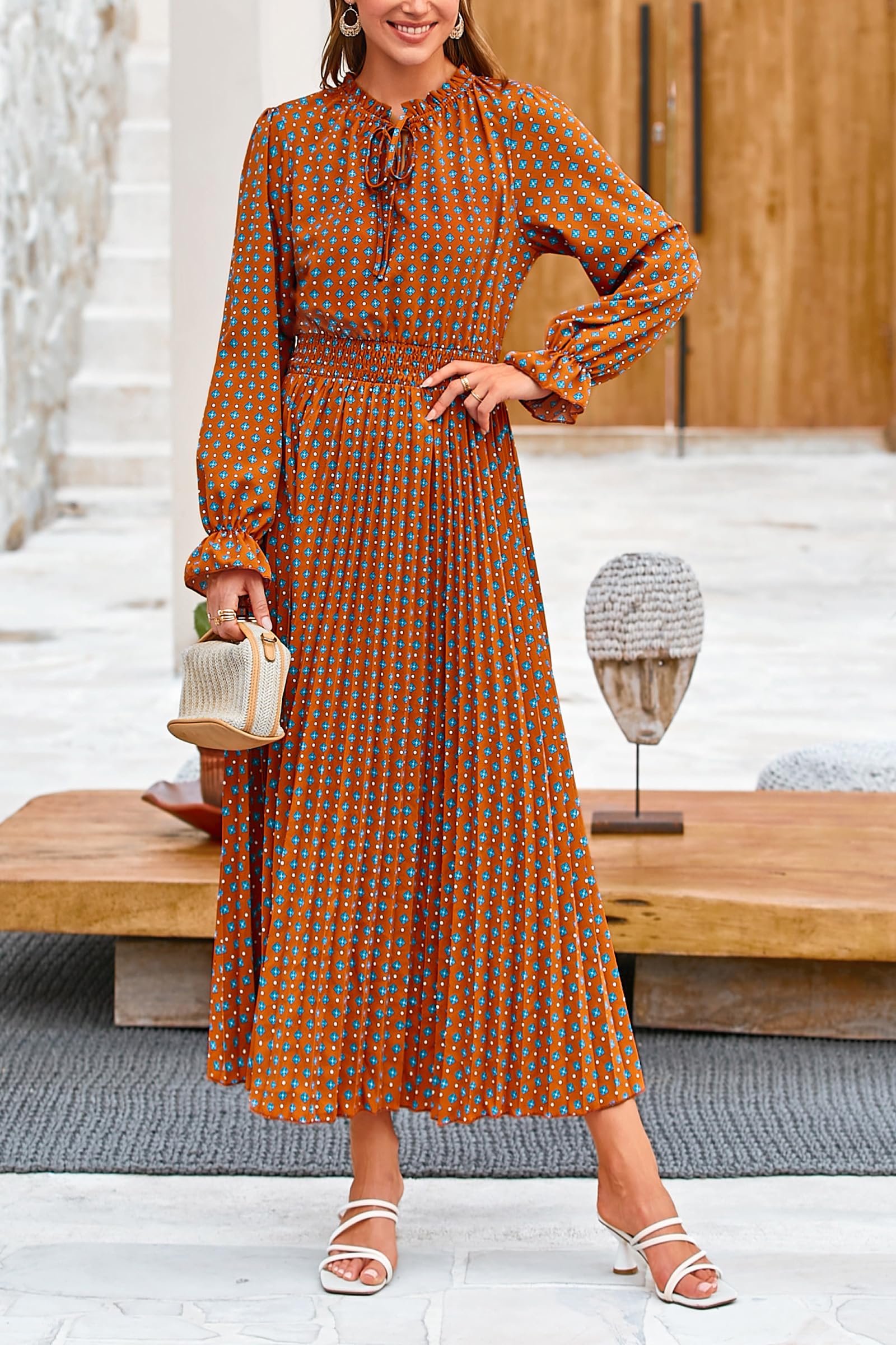 Women's Fall Midi Wedding Guest Dress(Brown Blue Floral,S)