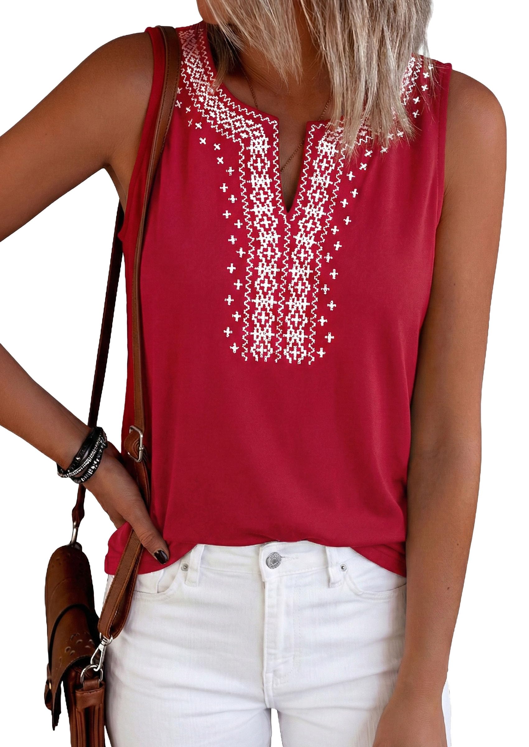 Womens Embroidered Sleeveless Tank Tops Red,S