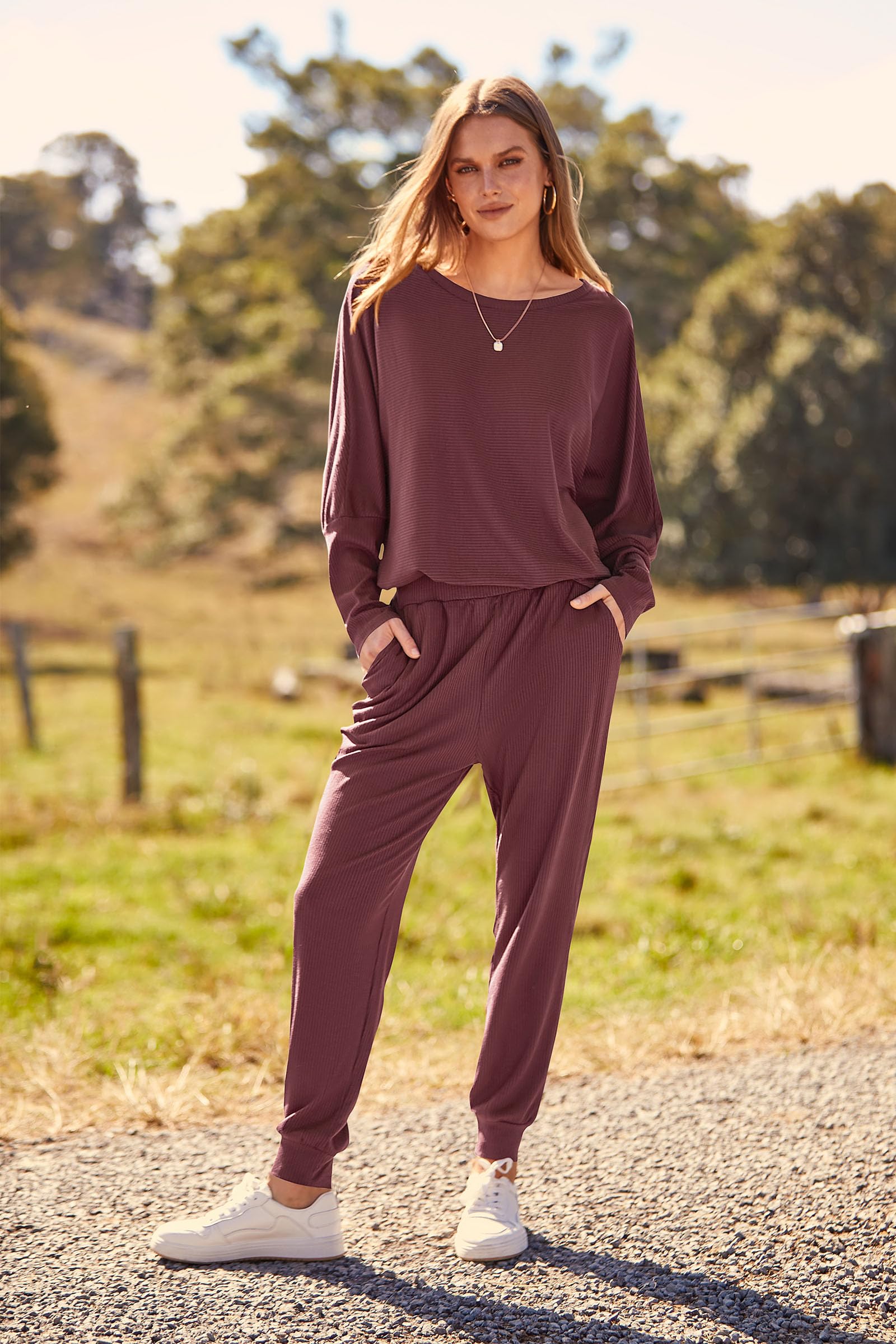 Women's 2 Piece Outfit Matching Lounge Set, Wine Red,S