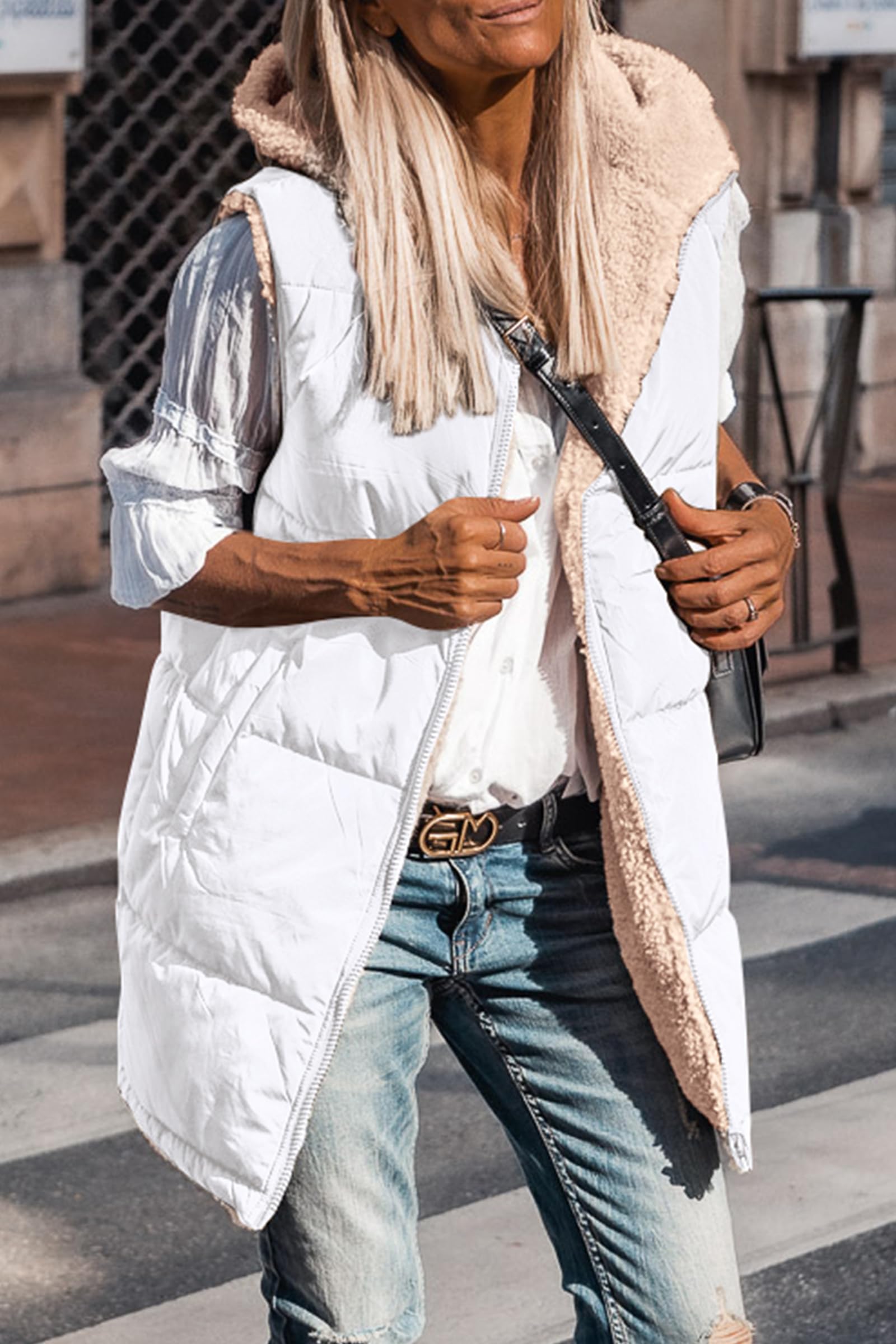 Women's Winter Reversible Fleece Long Vests(White,S)