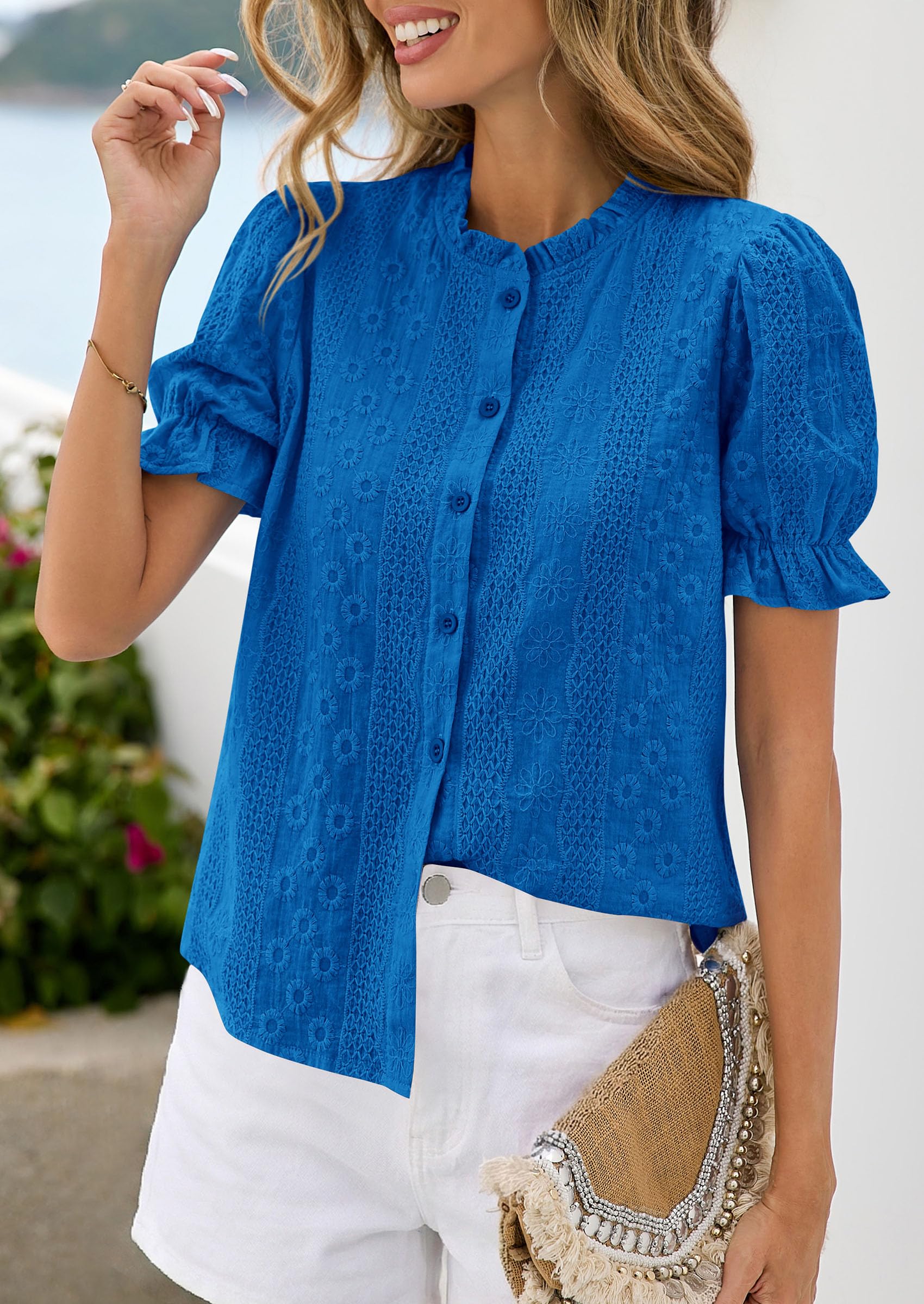Womens Embroidered Puff Short Sleeve Tops,Royal Blue,S