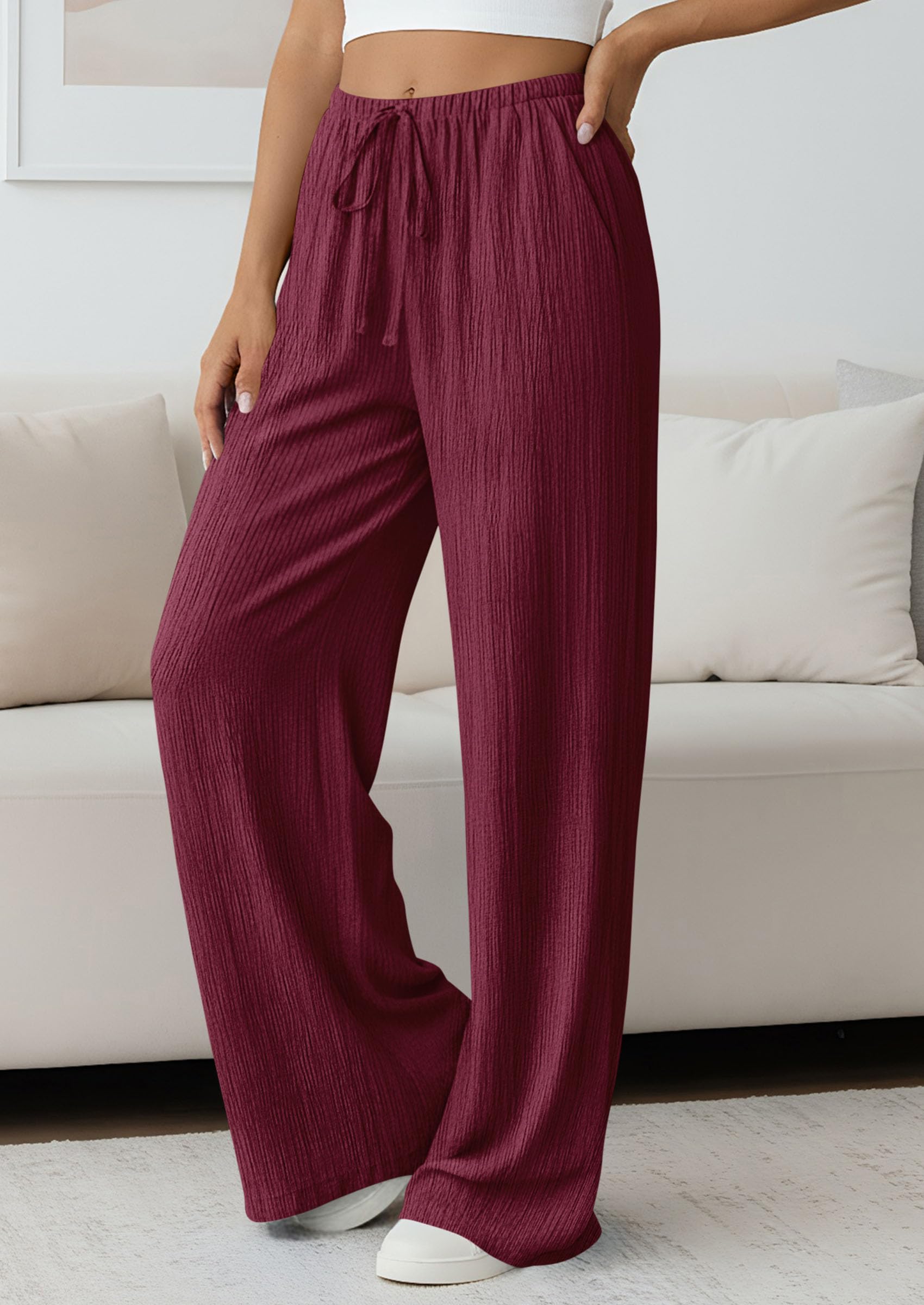 Women's Palazzo Pants Casual Wide Leg Trousers,Burgundy,S