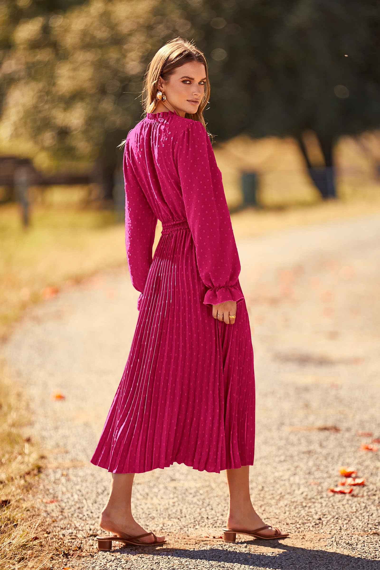 Women's Fall Midi Wedding Guest Dress(Rose Red,Small)