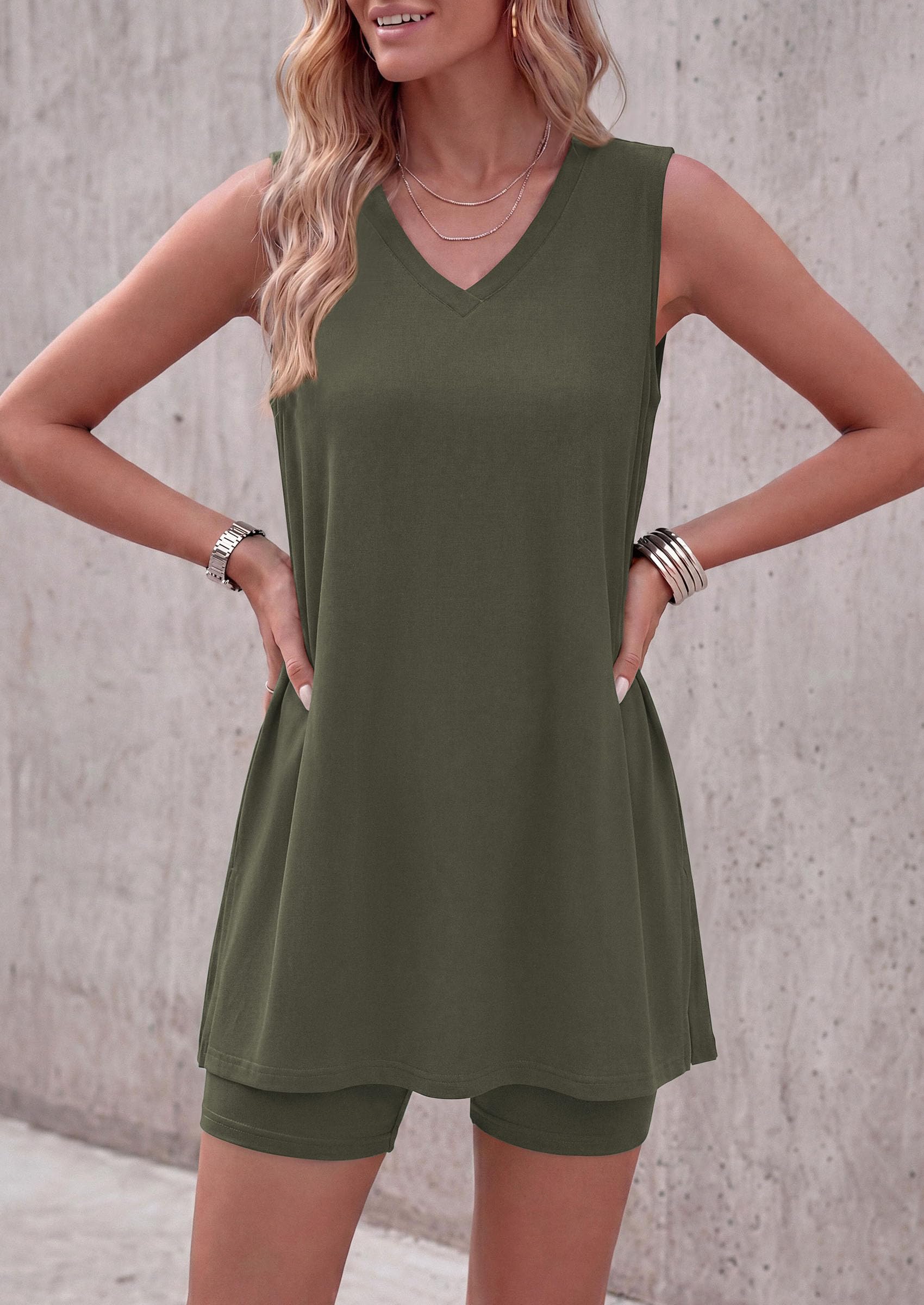 Women's Summer 2 Piece Outfits Short Sets (Army Green,M)