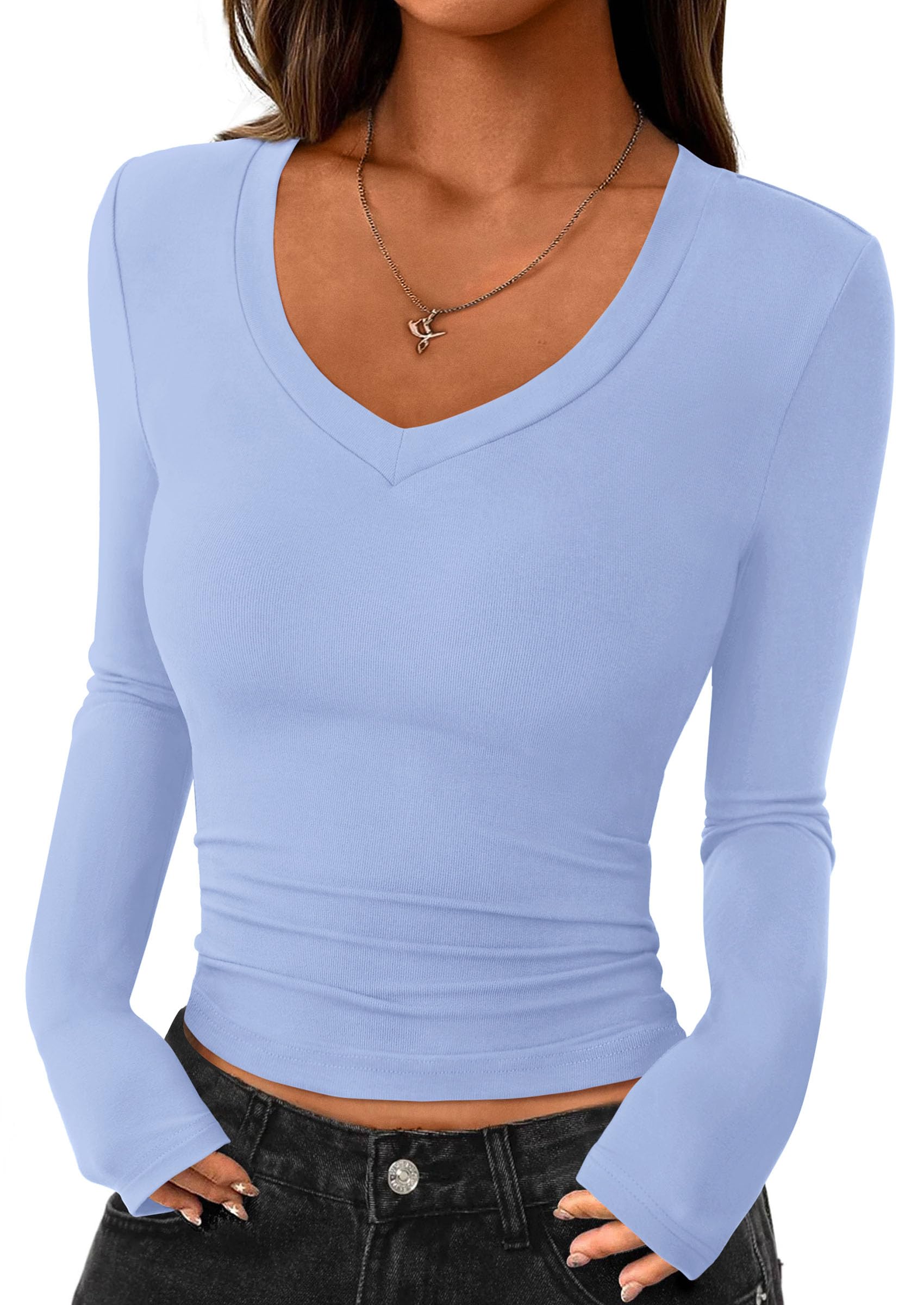 Womens Long Sleeve Slim Fit Crop Tops,Light Blue,XS