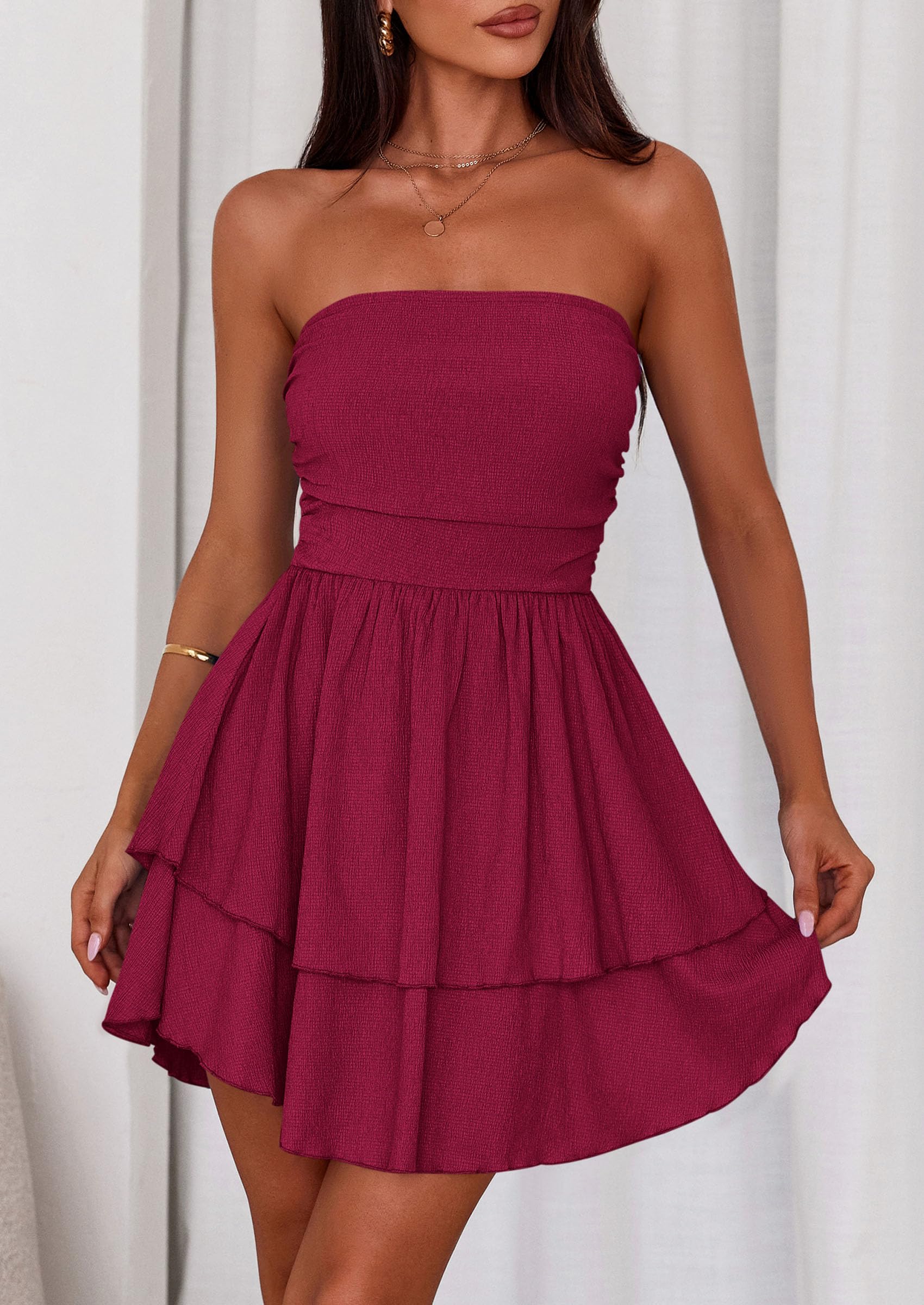 Women's Summer Strapless Flowy Mini Dresses (Burgundy,S)