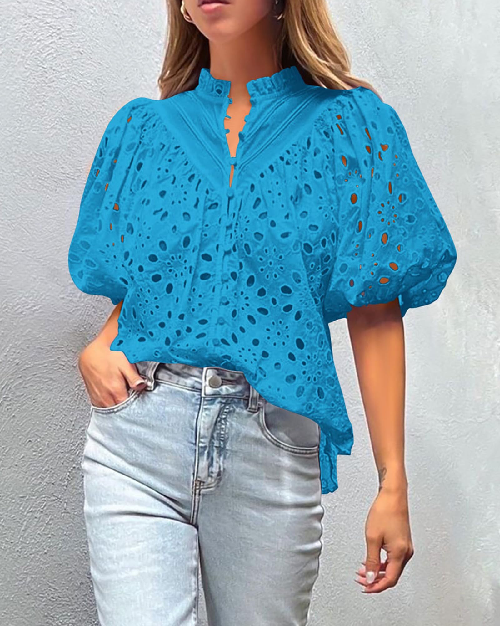 Womens Tops Boho Eyelet Puff Sleeve Blouse, Lake Blue,S
