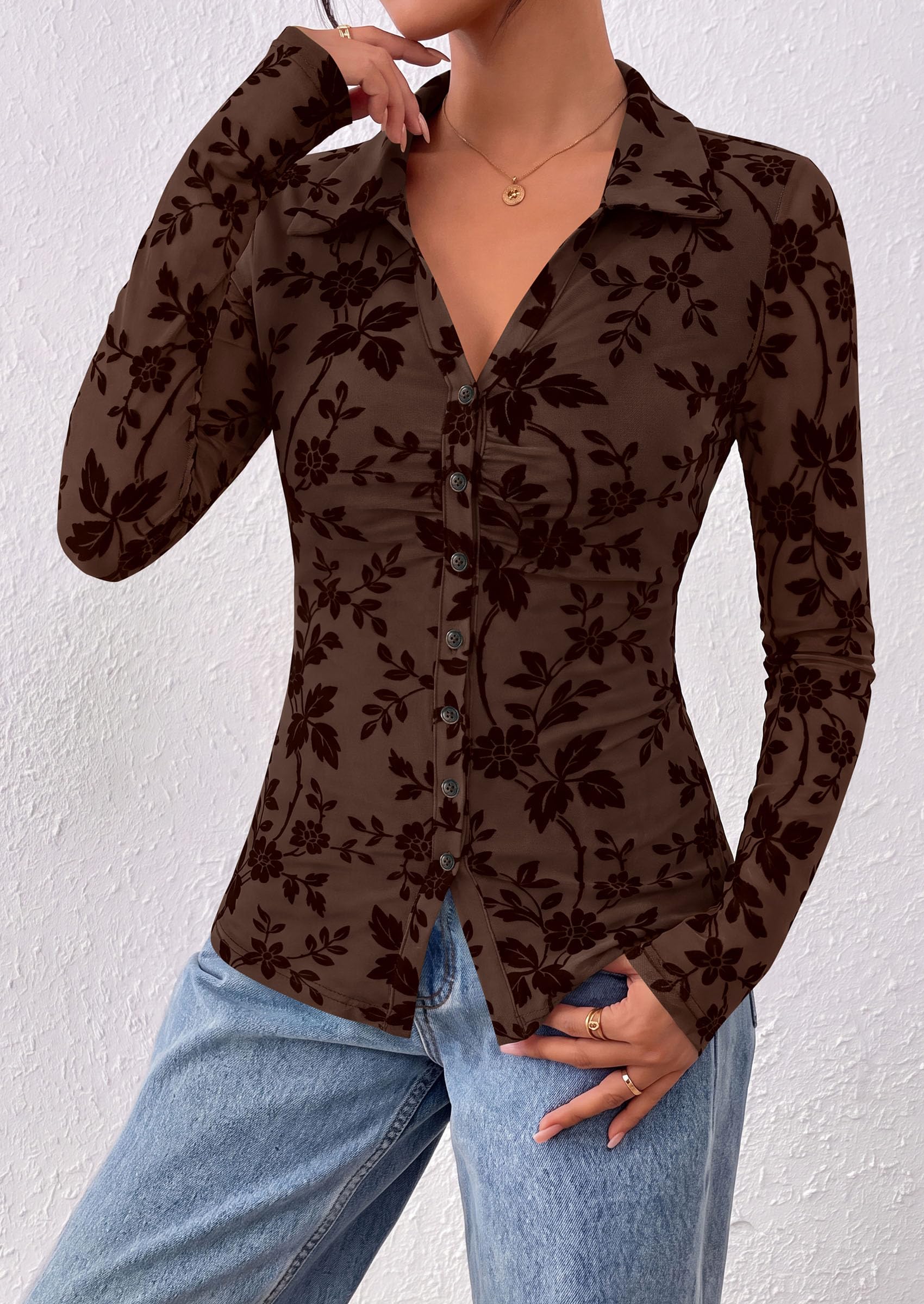 Women's Long Sleeve Floral Mesh Boho Tops Button Down Shirts