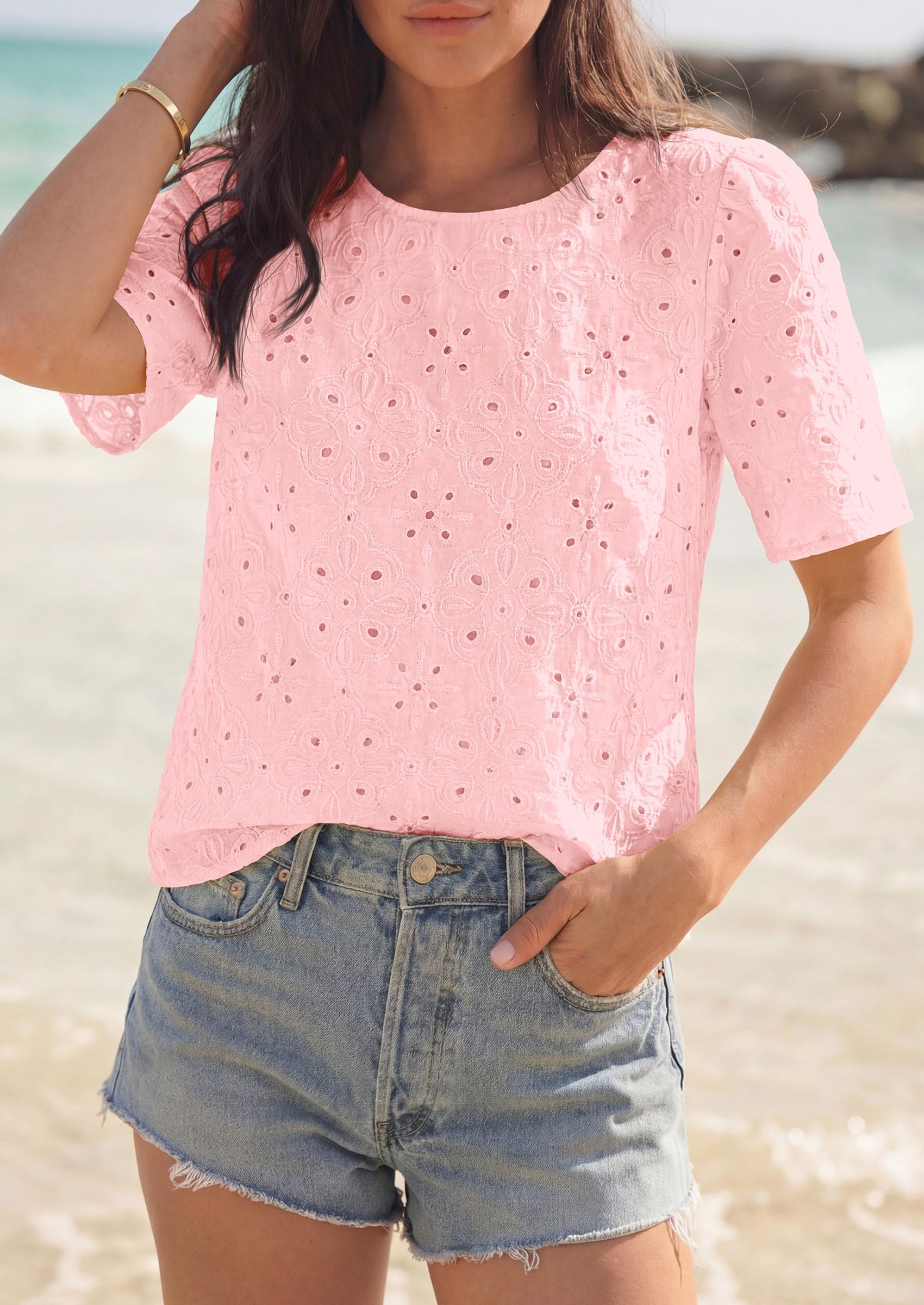 Women's Embroidered Eyelet Short Sleeve Blouse, Pink,XS