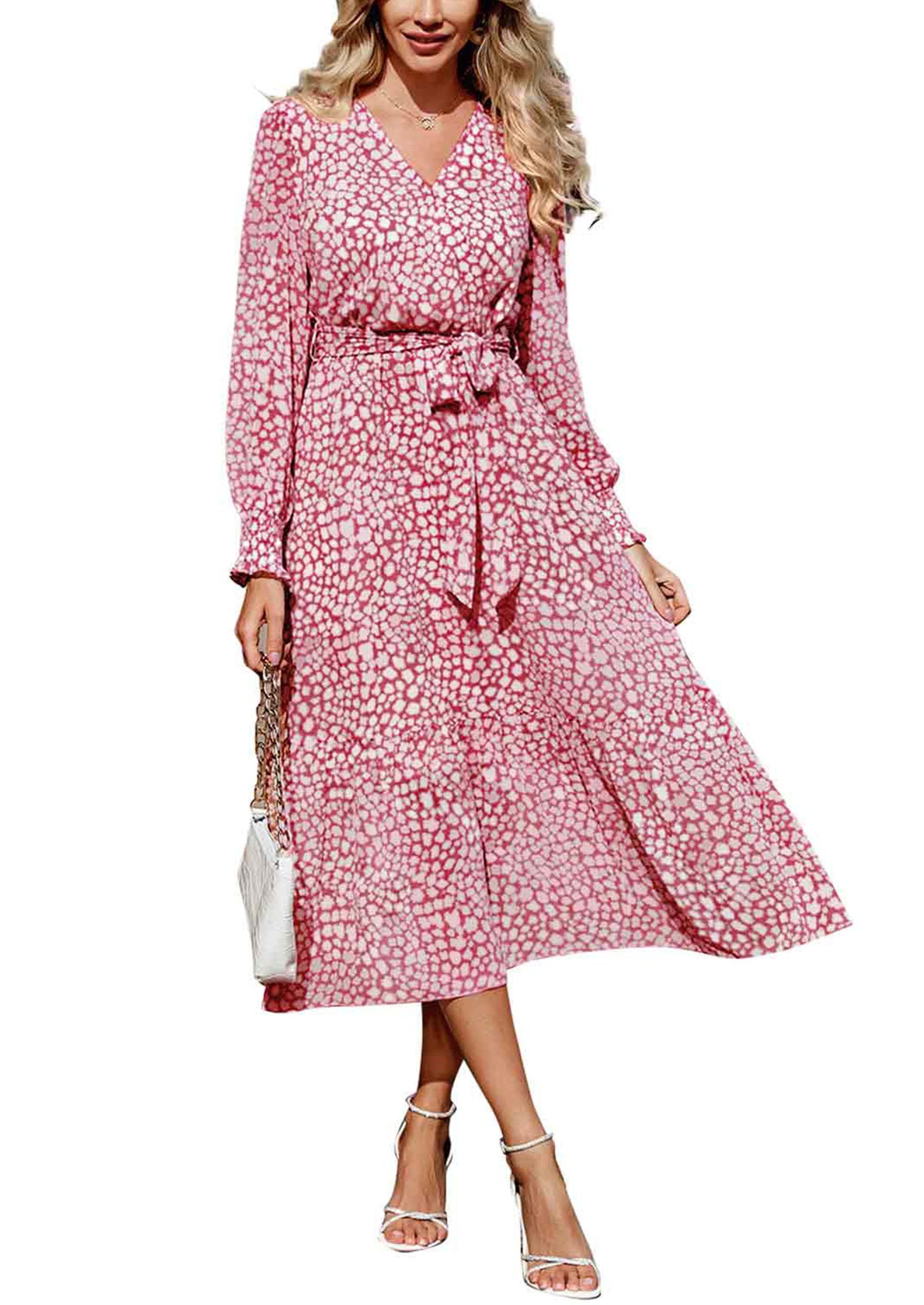 Women's Floral Boho Long Sleeve Maxi Dress, Wine Red,S