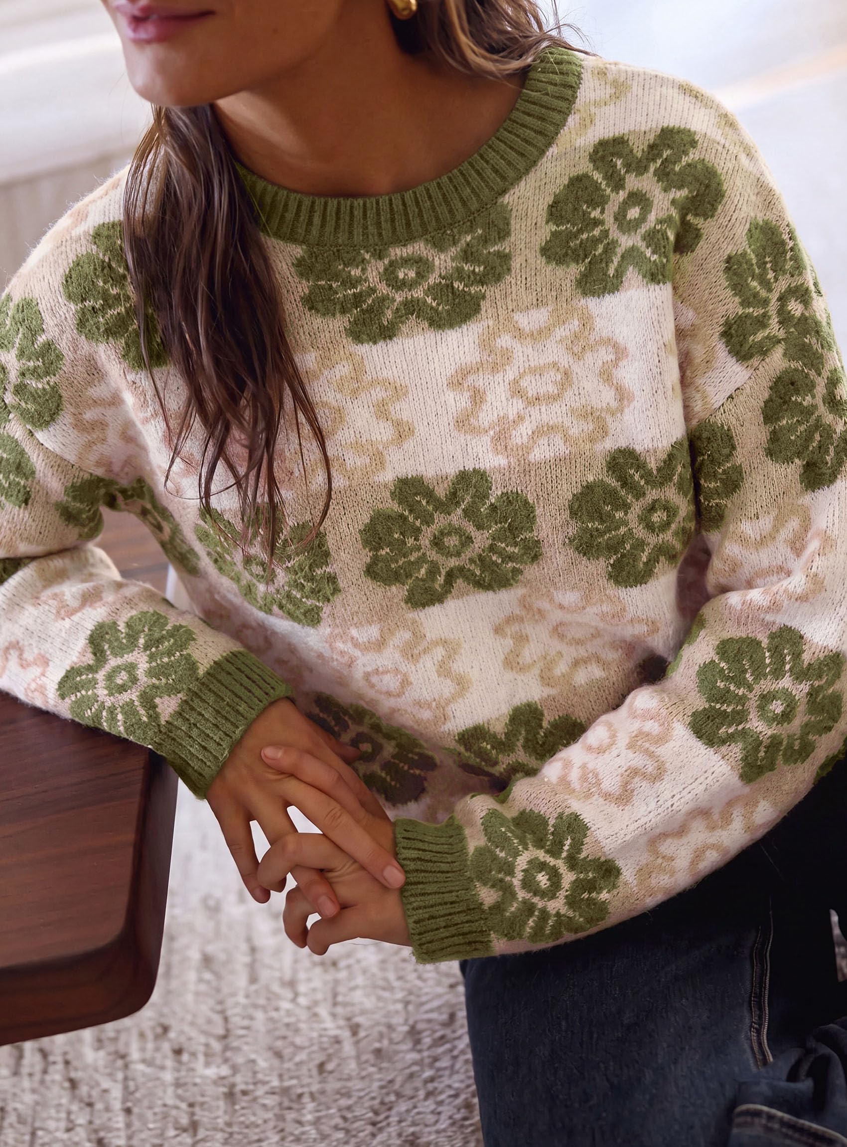 Women's Floral Crewneck Sweater Knit Pullover,Army Green,S