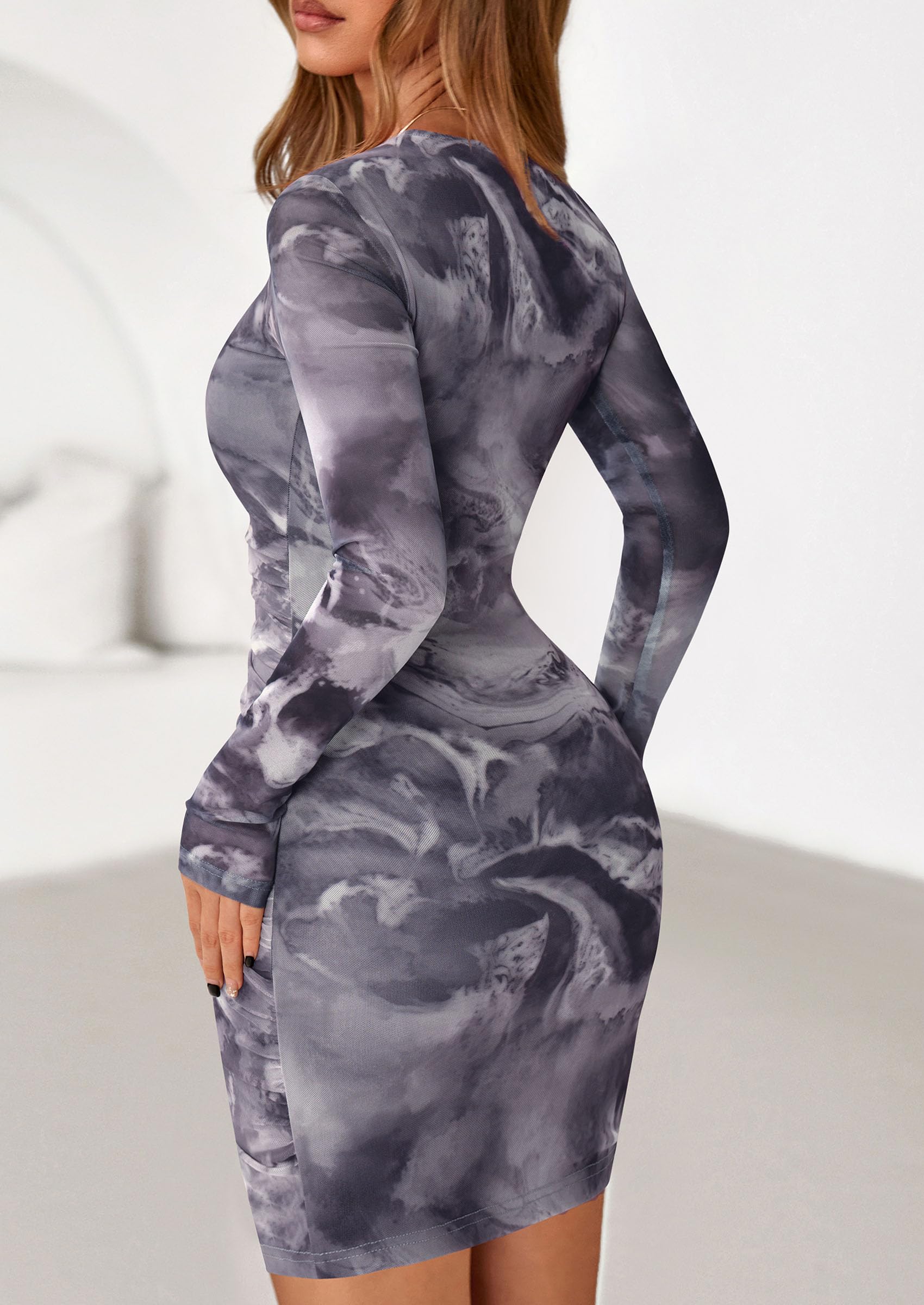 Mesh Mini Dresses for Women Long Sleeve Gray Floral,XS