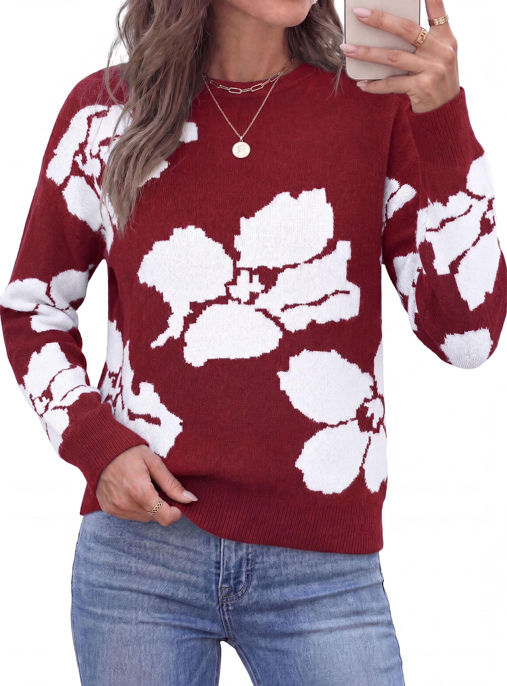 Womens Floral Sweater Crewneck Printed Pullover Tops Wine Red