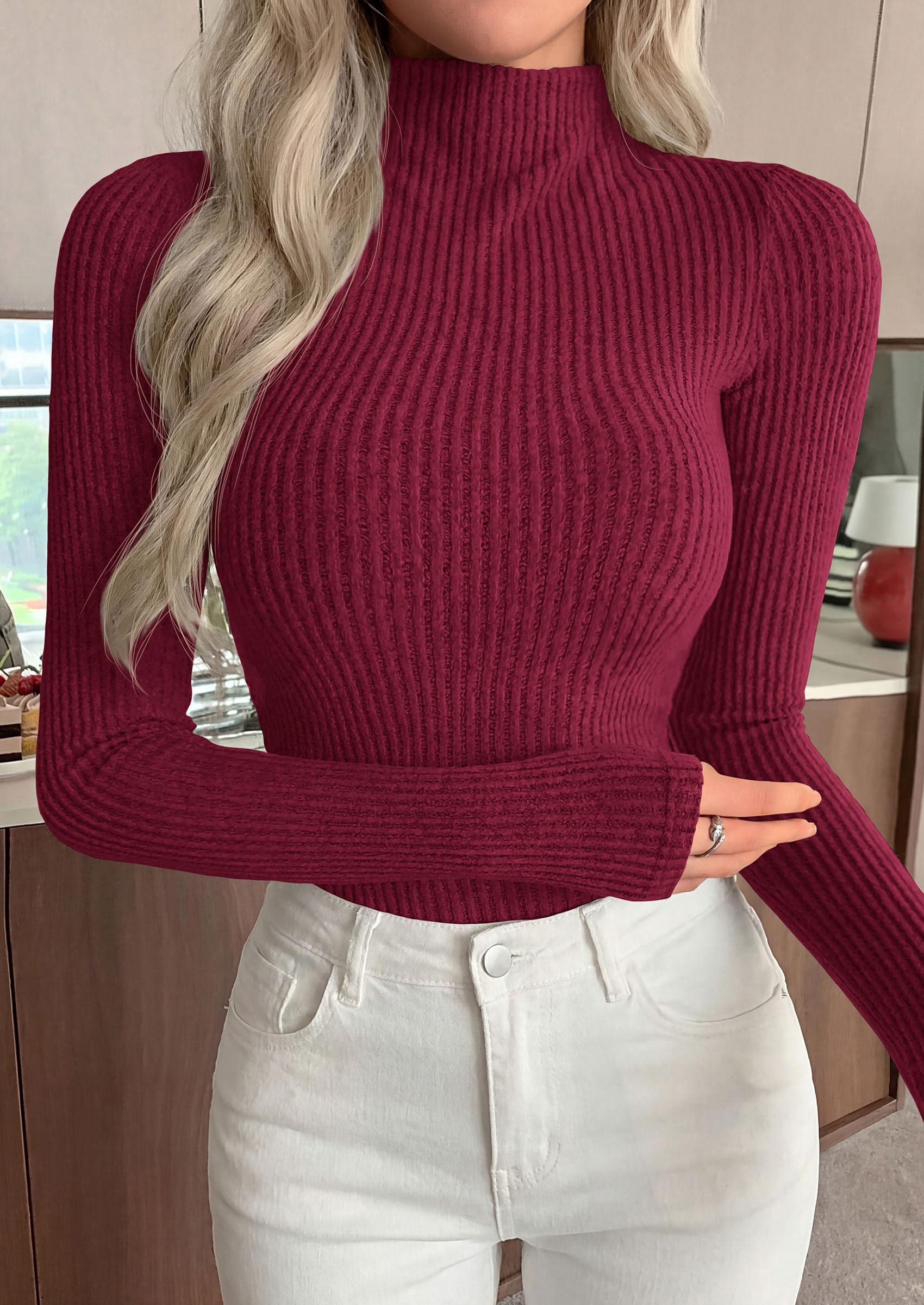 Long Sleeve Shirts for Women Fall Ribbed Mock Turtleneck Tops