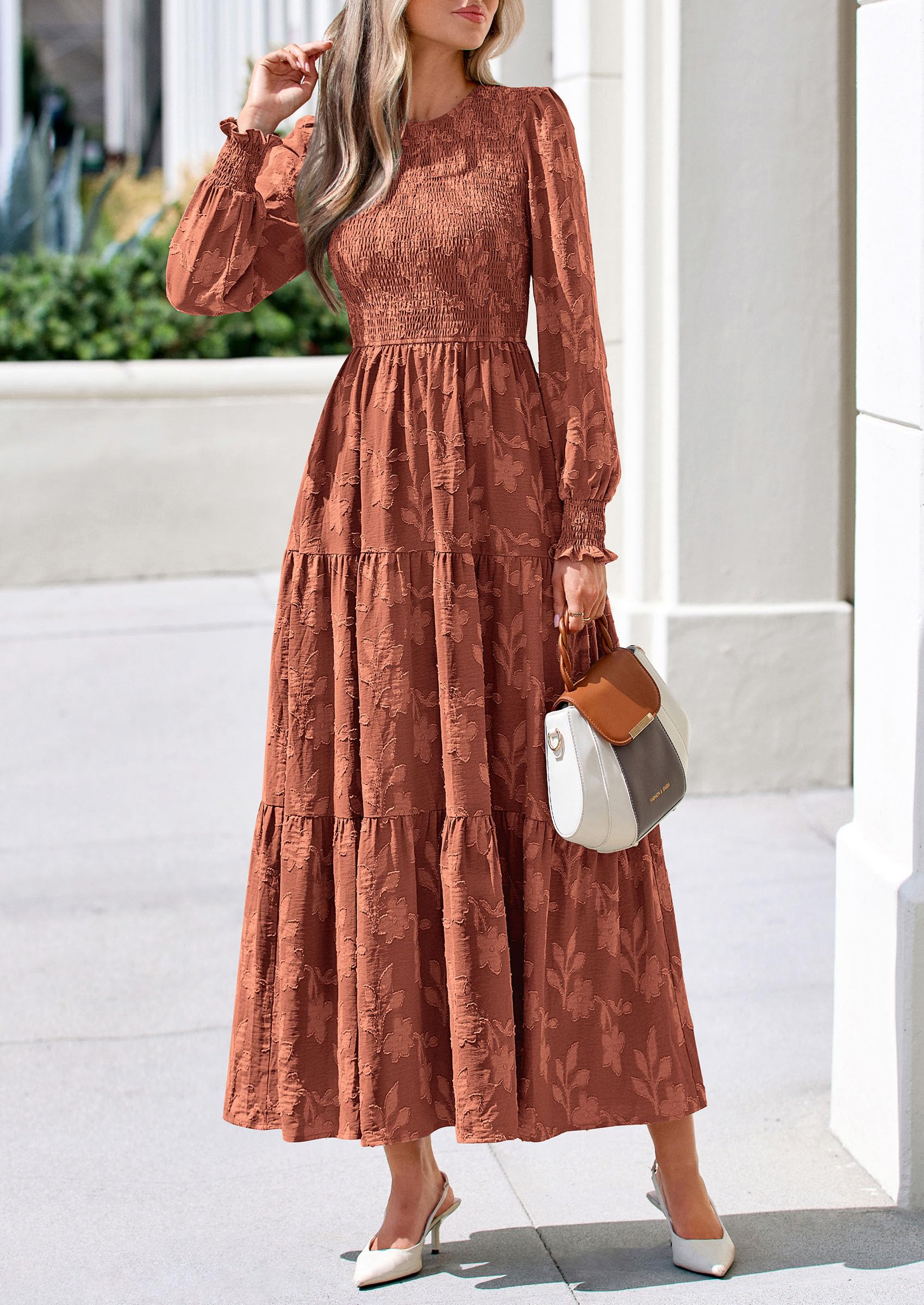 Fall Floral Long Sleeve Wedding Guest Dress for Women Pockets