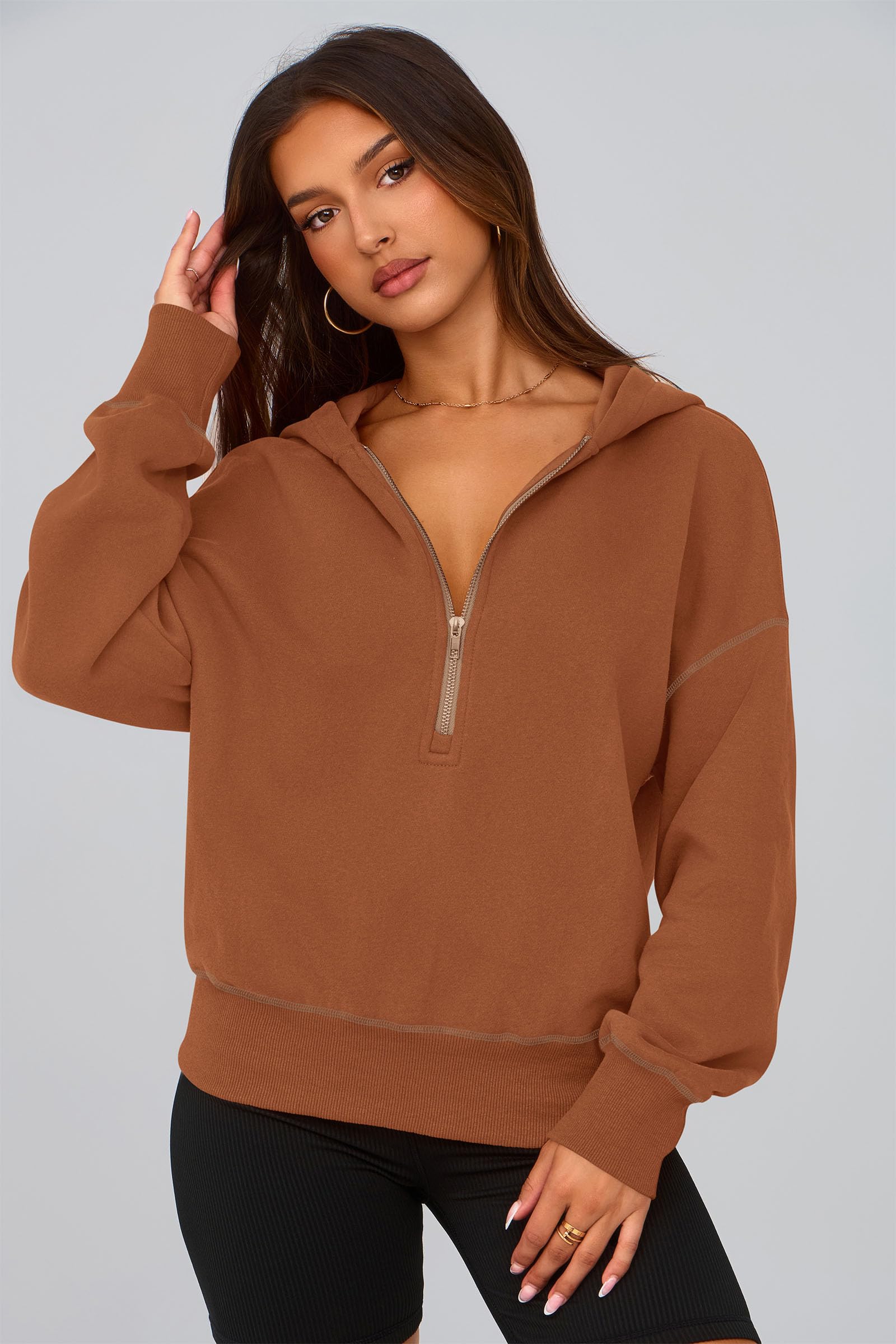 Women's Fall Half Zip Cropped Hoodie Sweatshirt Grey