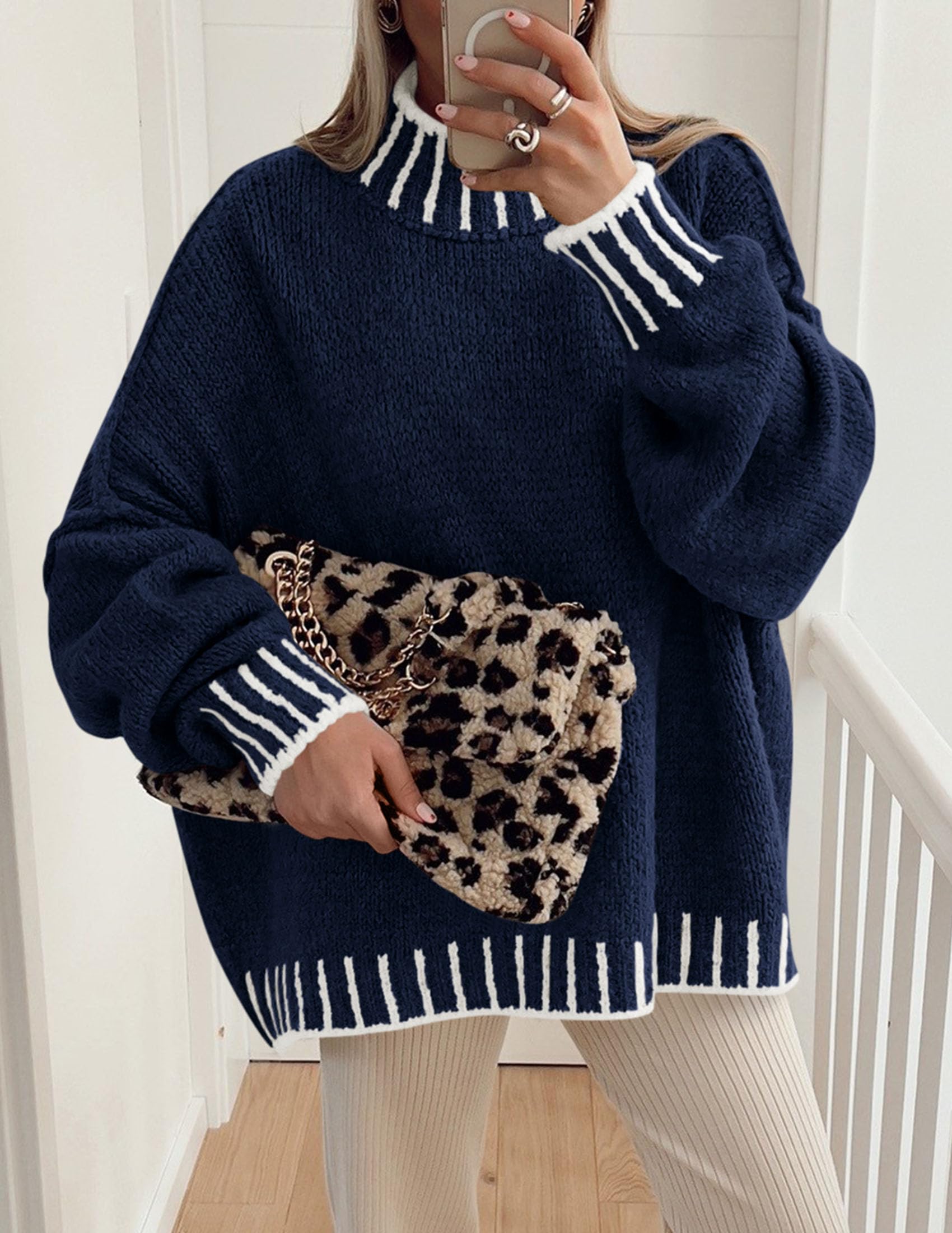 Women's Mock Neck Oversized Pullover Sweaters,Navy Blue,XS