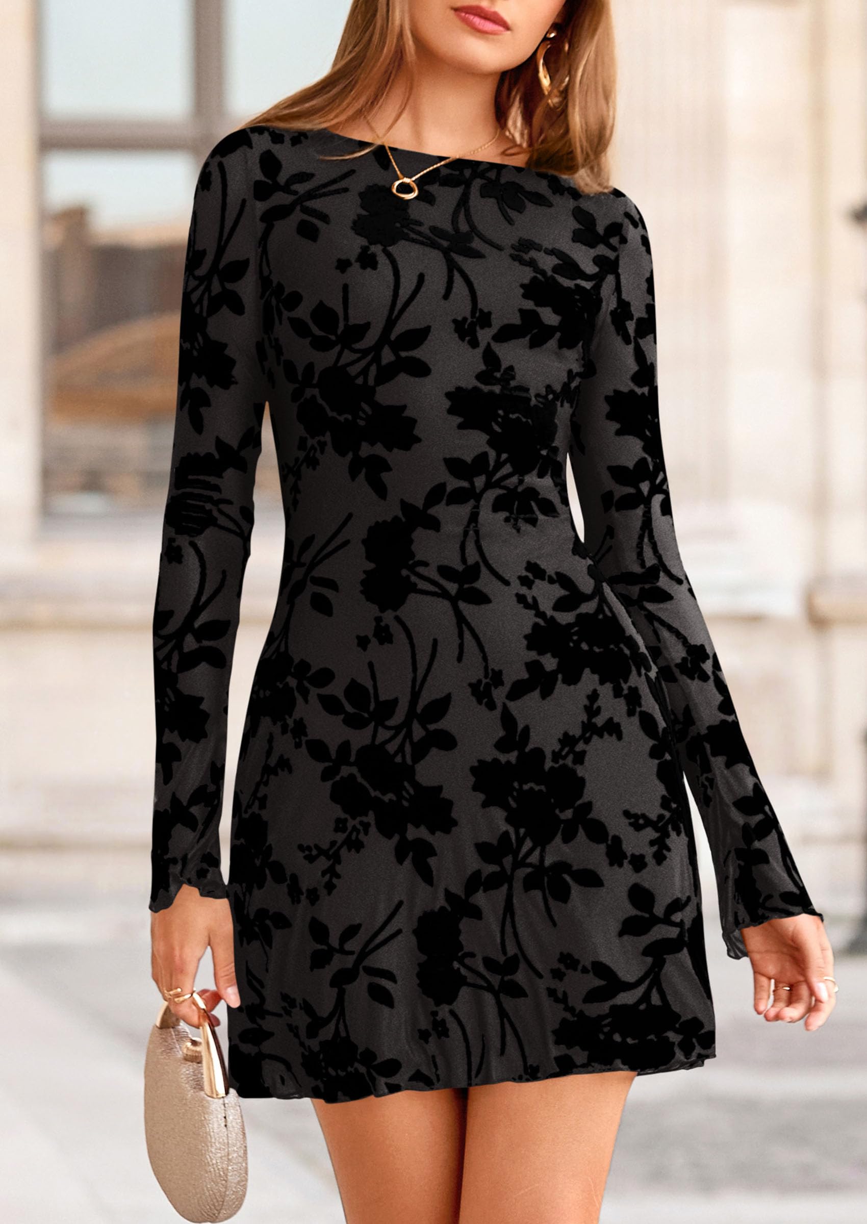 Women's Fall Floral Long Sleeve Mini Dress (Black,XS)