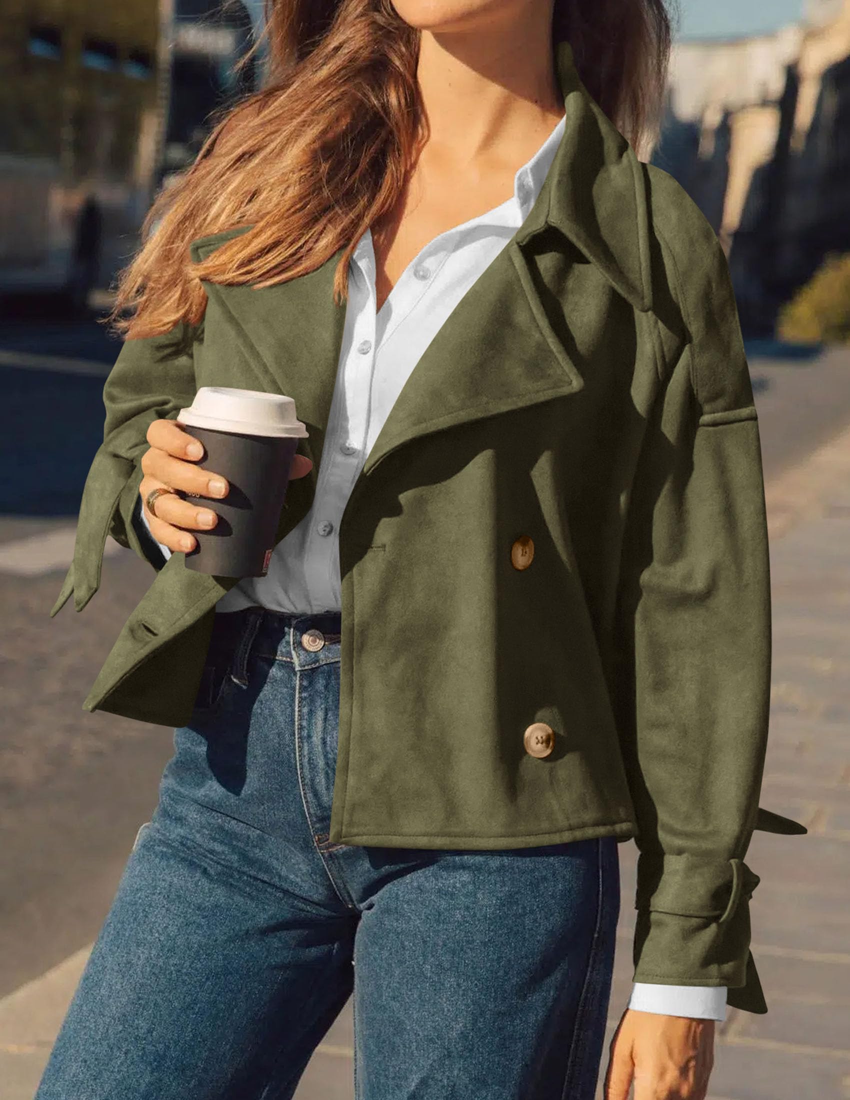 Women Faux Suede Double Breasted Trench Coat Cropped Jackets