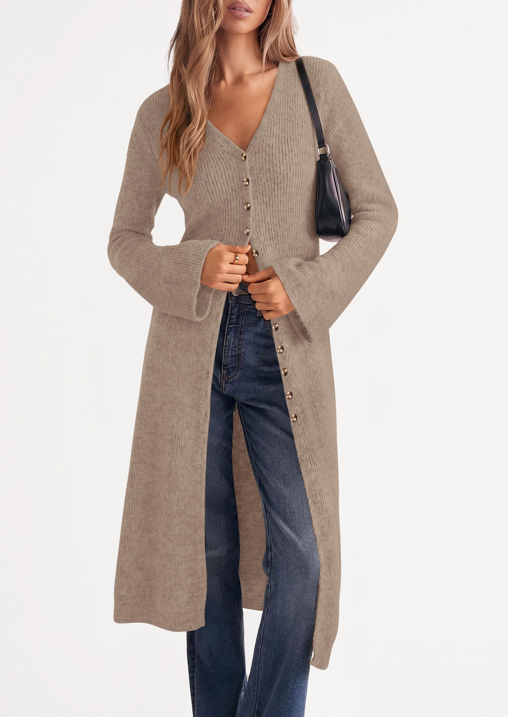 Women Long Cardigan Bell Sleeve Sweater Dress (Khaki,M)