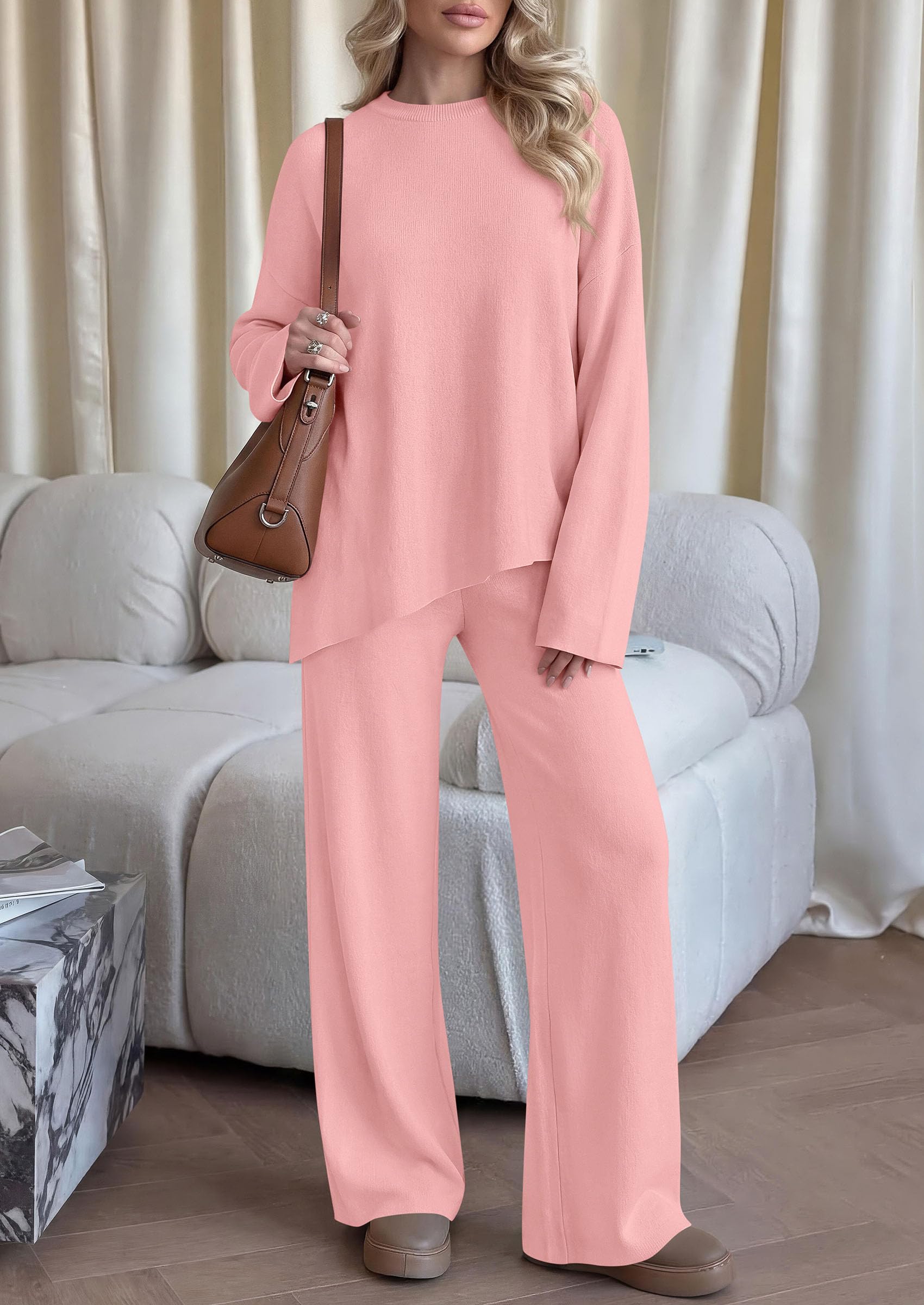 Womens Fall 2 Piece Asymmetric Cozy Sweater Travel Lounge Sets