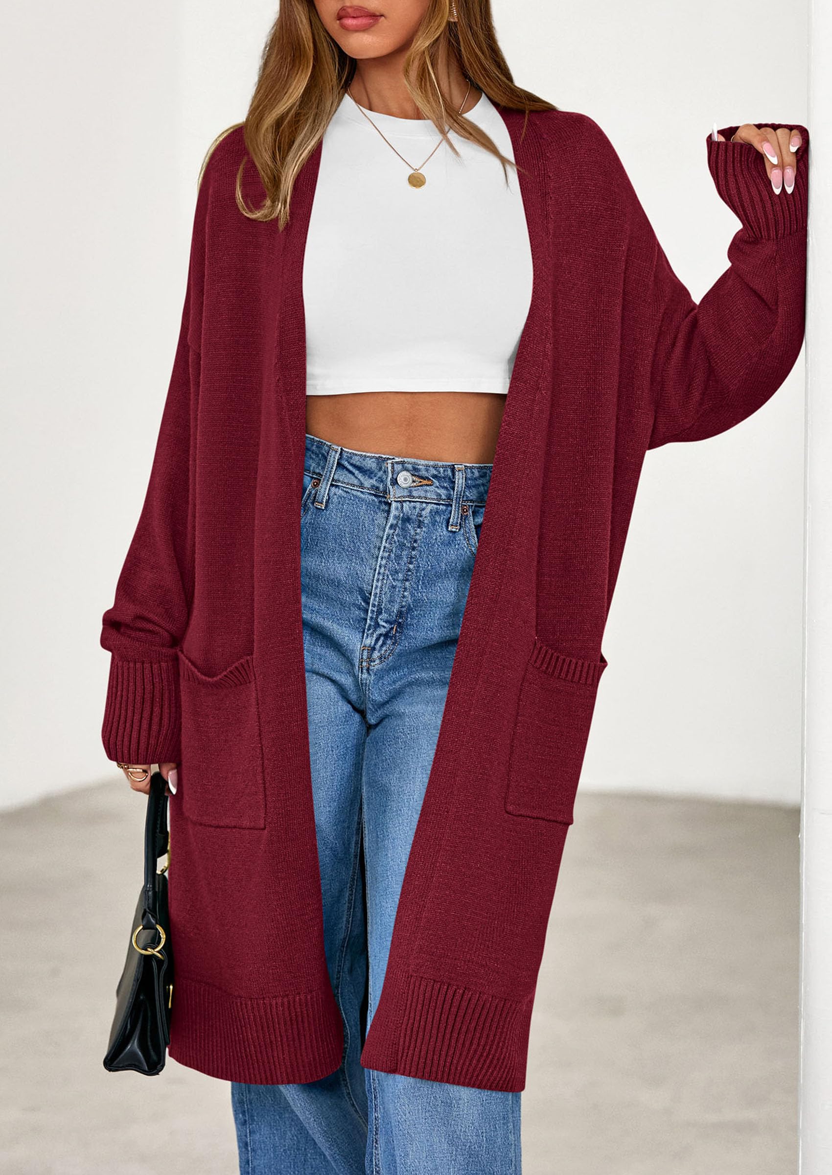 Women's Oversized Open Front Long Knit Cardigan,Burgundy,S